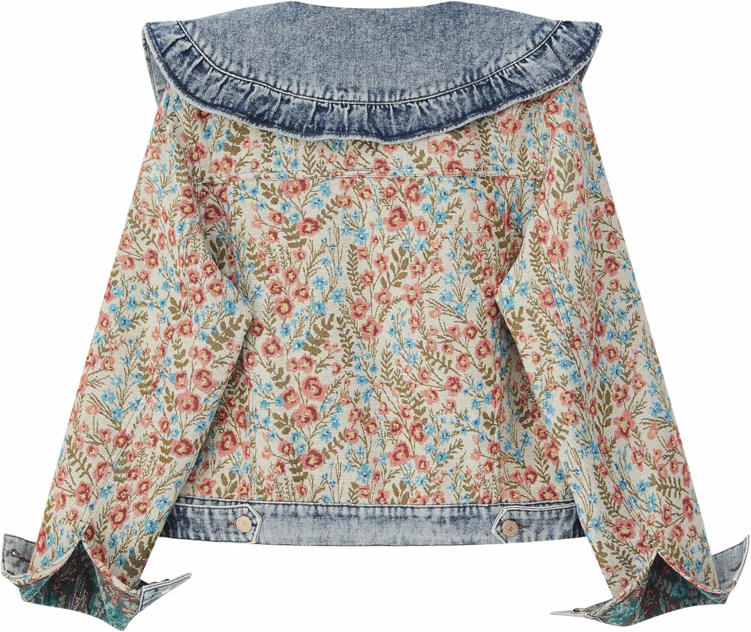 Xaspee Womens Peter Pan Collar Cropped Jean Jacket Embroidered Jacquard Long Sleeve Casual Floral Denim Jackets Coat - Image 2