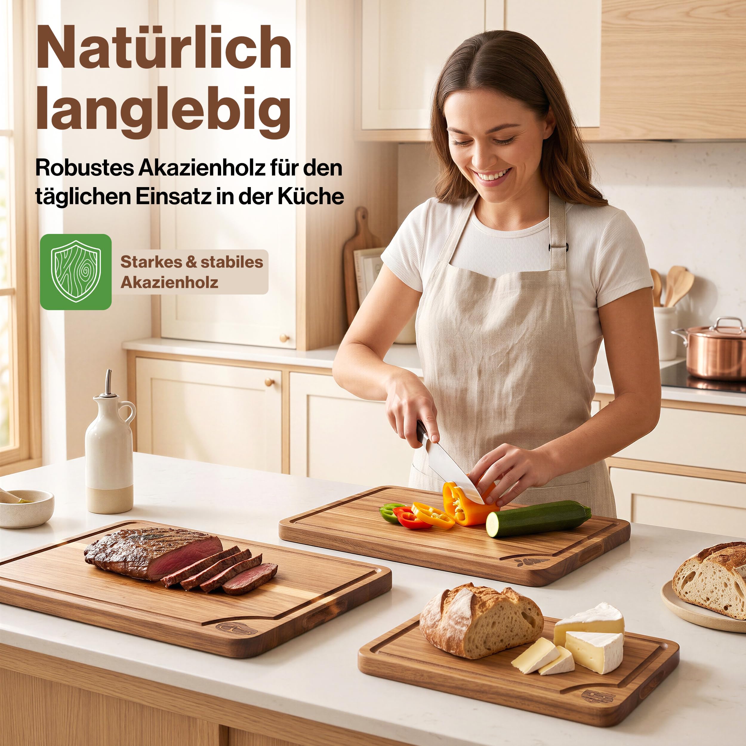 EDELHAUS Schneidebrett Holz 3er Set Akazie, Holzschnedebrett mit Saftrille | Schneidbretter ohne Mikroplastik aus Akazie 2 cm dick Holzbretter Küche mit Saftrille (40x30 / 33x24 / 25x18cm) Cutting Board