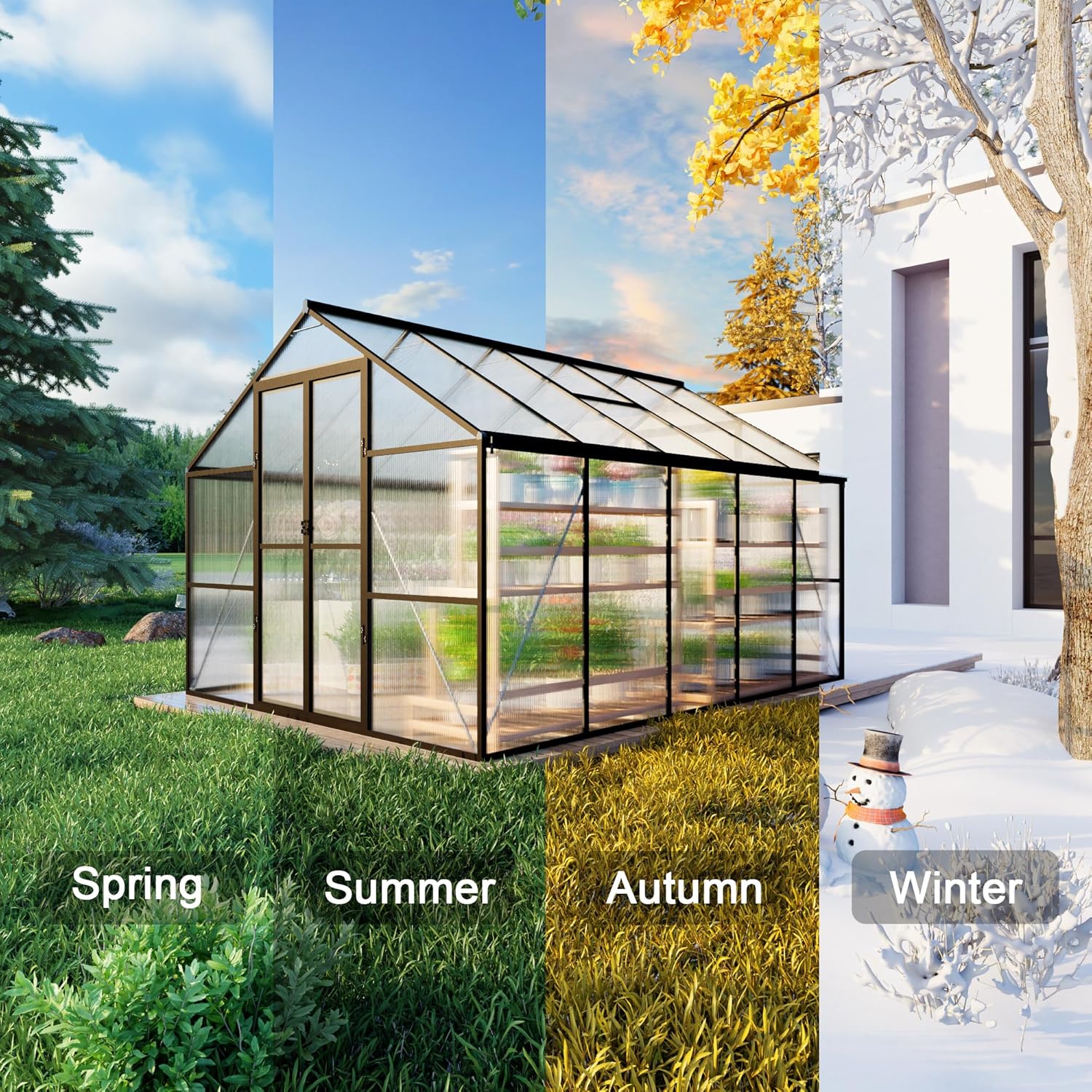 8X10 FT Greenhouses for Outdoors, Aluminum Large Polycarbonate Greenhouse, Quick Setup Walk in Green House with Roof Vent and Swing Lockable Door for Outside, Black (119" W x 96" D x 77" H)