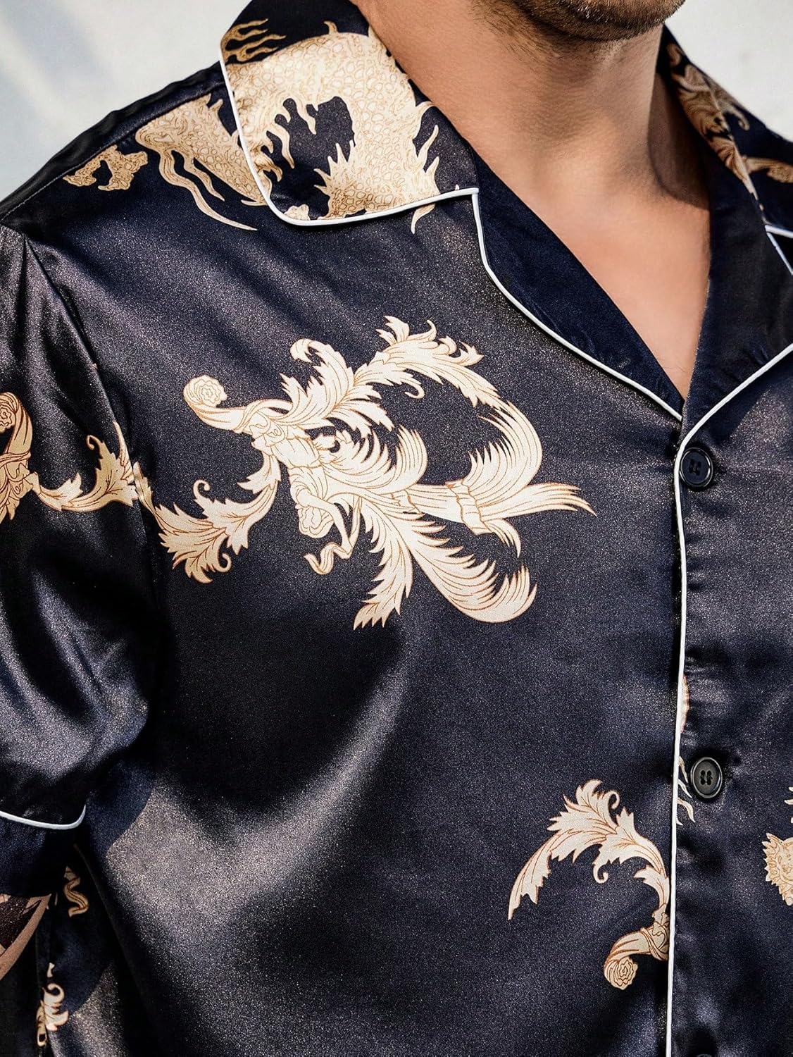 WDIRARA Men's Extended Size Sleepwear Dragon Print Short Sleeve Button Front Shirt and Shorts Satin Pajama Set