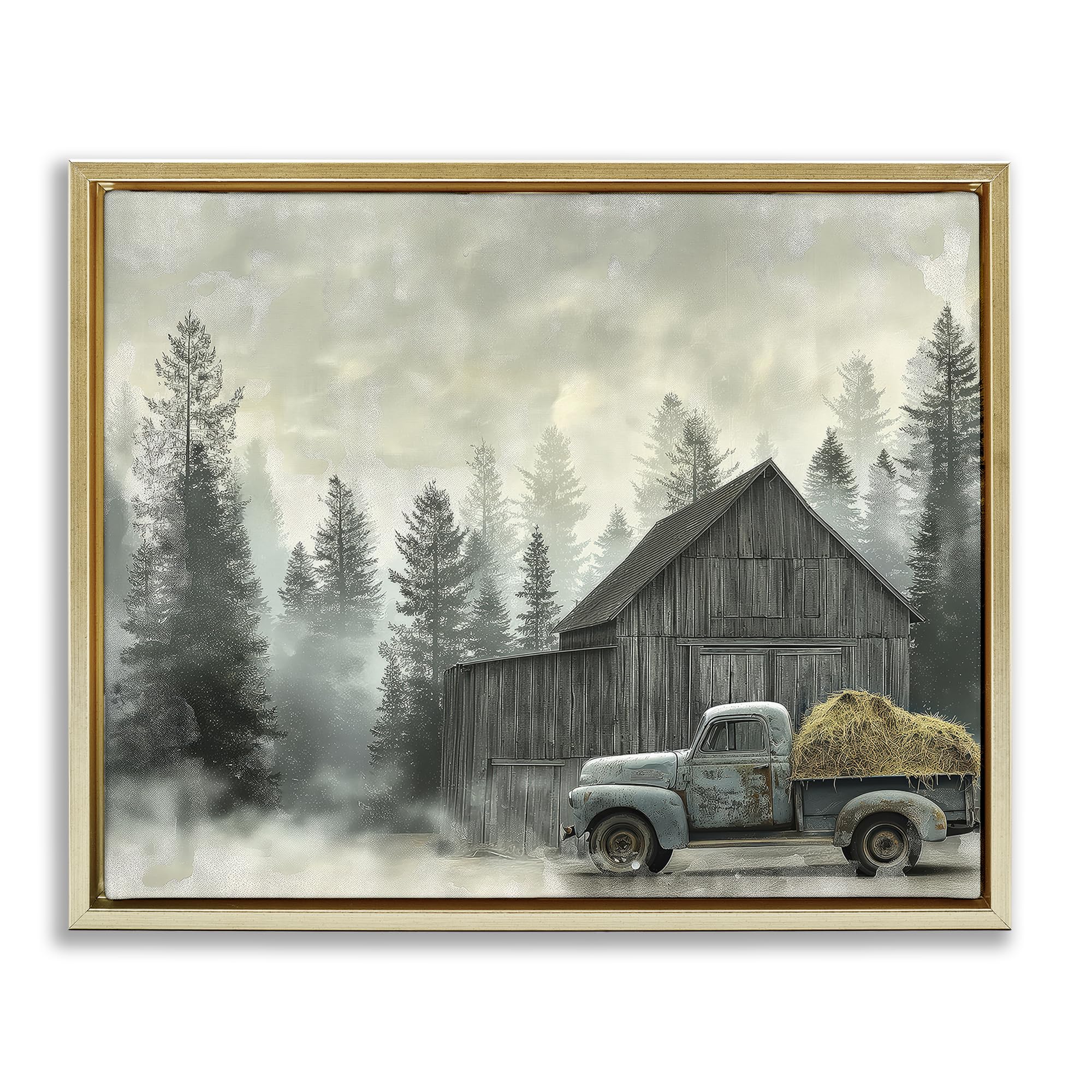 'Vintage Pickup at Misty Barn'| Floating Frame Canvas Art