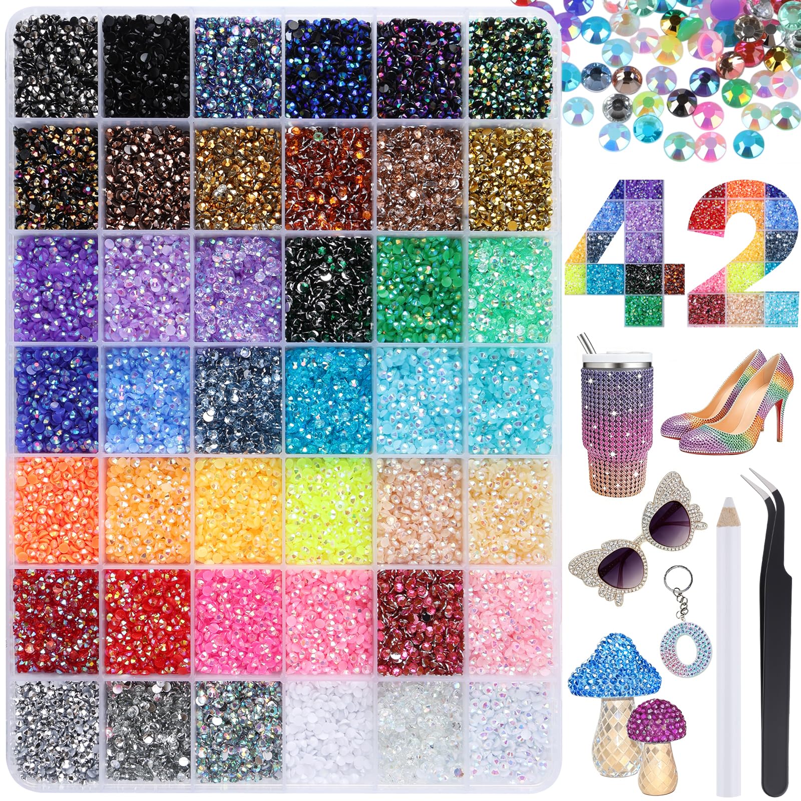 Acual 33000pcs Bedazzling Kit with 42 Colors 3mm Flat Back Nail Rhinestones, Bedazzling Crystal with Pick Up Tweezers and Pen for DIY Nail Art, Crafts, Clothes and Shoes Decoration