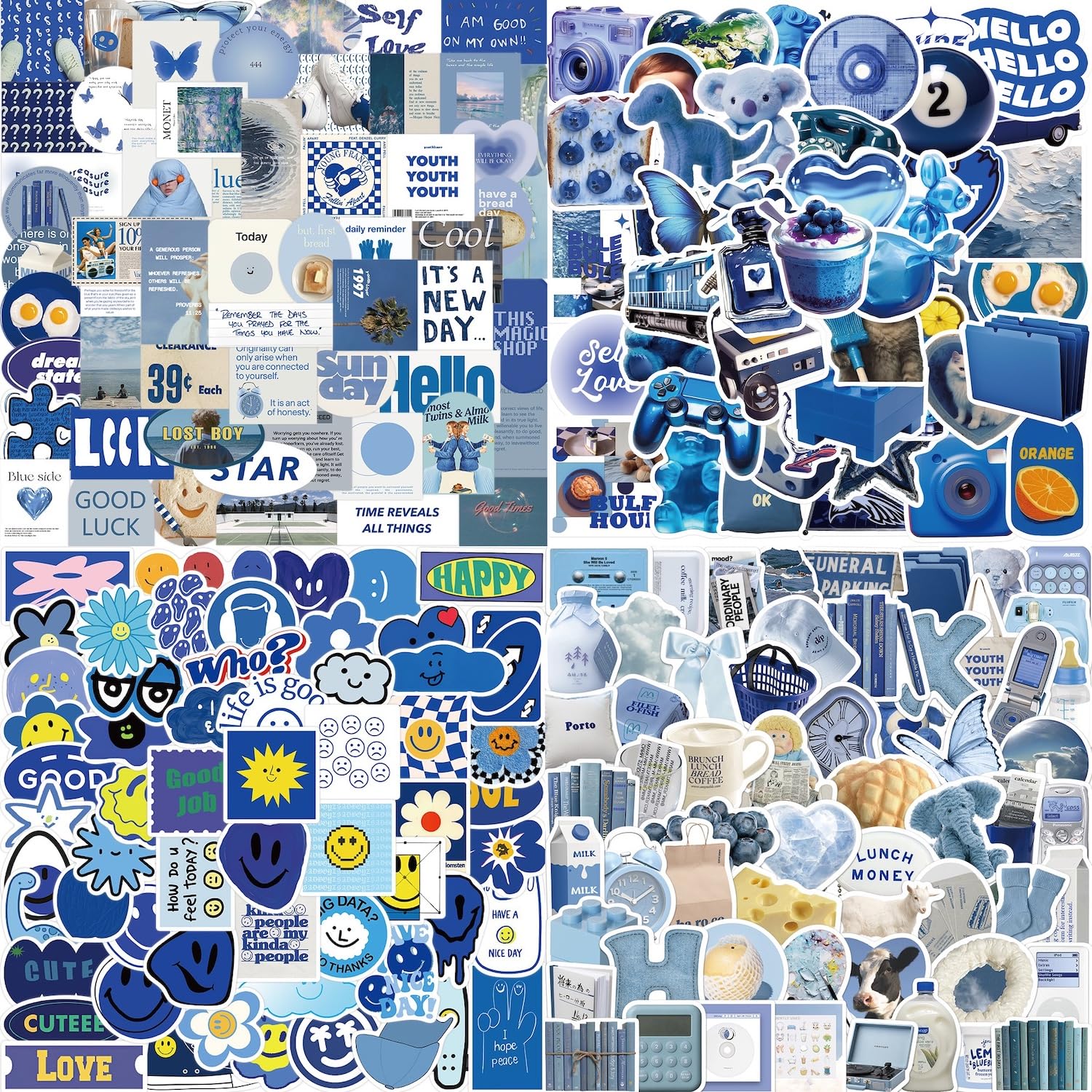 200pcs Blue Style Aesthetic Stickers for Girls Laptops Cute Cartoon Trendy Waterproof Vinyl Stickers for Teens Journal Water Bottle Scrapbook Travel Case Phone Graffiti Decals (Blue Style)