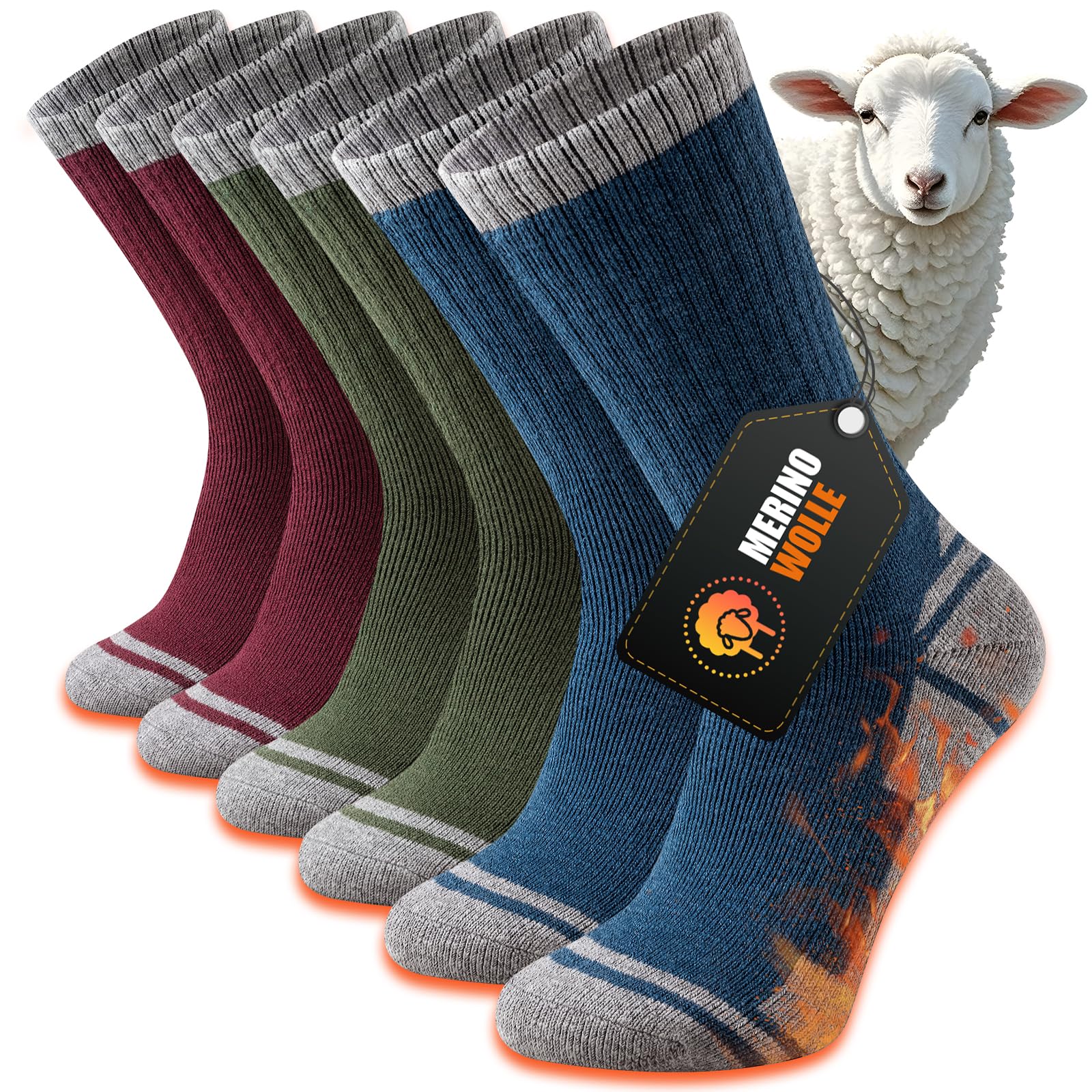 Stoeury Merino Wandersocken Herren Damen, Dicke Thermosocken Wintersocken, Warme Merinowolle Outdoor Socken, Anti Blase Gepolsterte Trekkingsocken, Atmungsaktiv Sportsocken 3 Paar