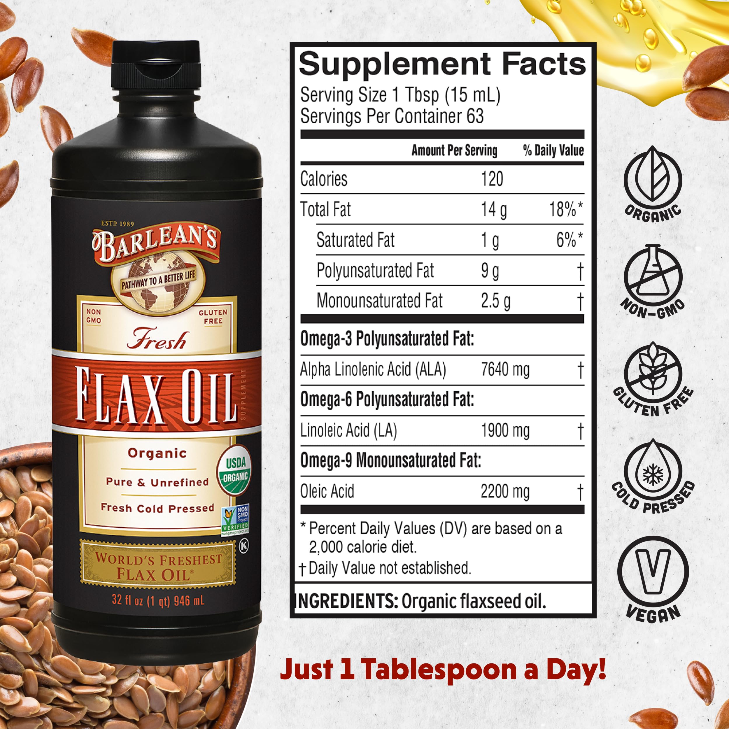 Barlean's Organic Flaxseed Oil, 7640mg ALA Omega-3, Cold-Pressed, 32oz — Amazon image 2