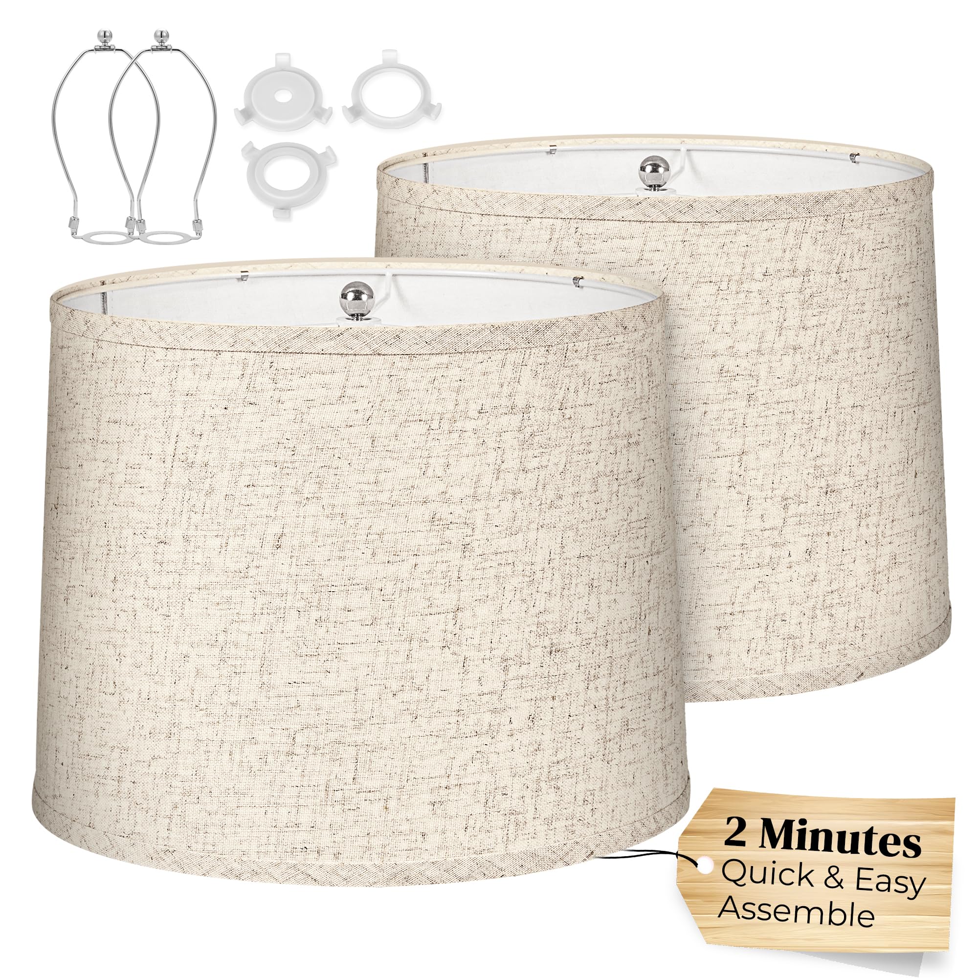 Lamp Shades Set of 2, Medium Drum Lampshades 11.6” Top x 12.6” Bottom x 9.8” Height, Hand Crafted Linen Fabric Drum Shape for Table Lamps (Beige), Universal Fit with Spider Fitter, Assembly Required
