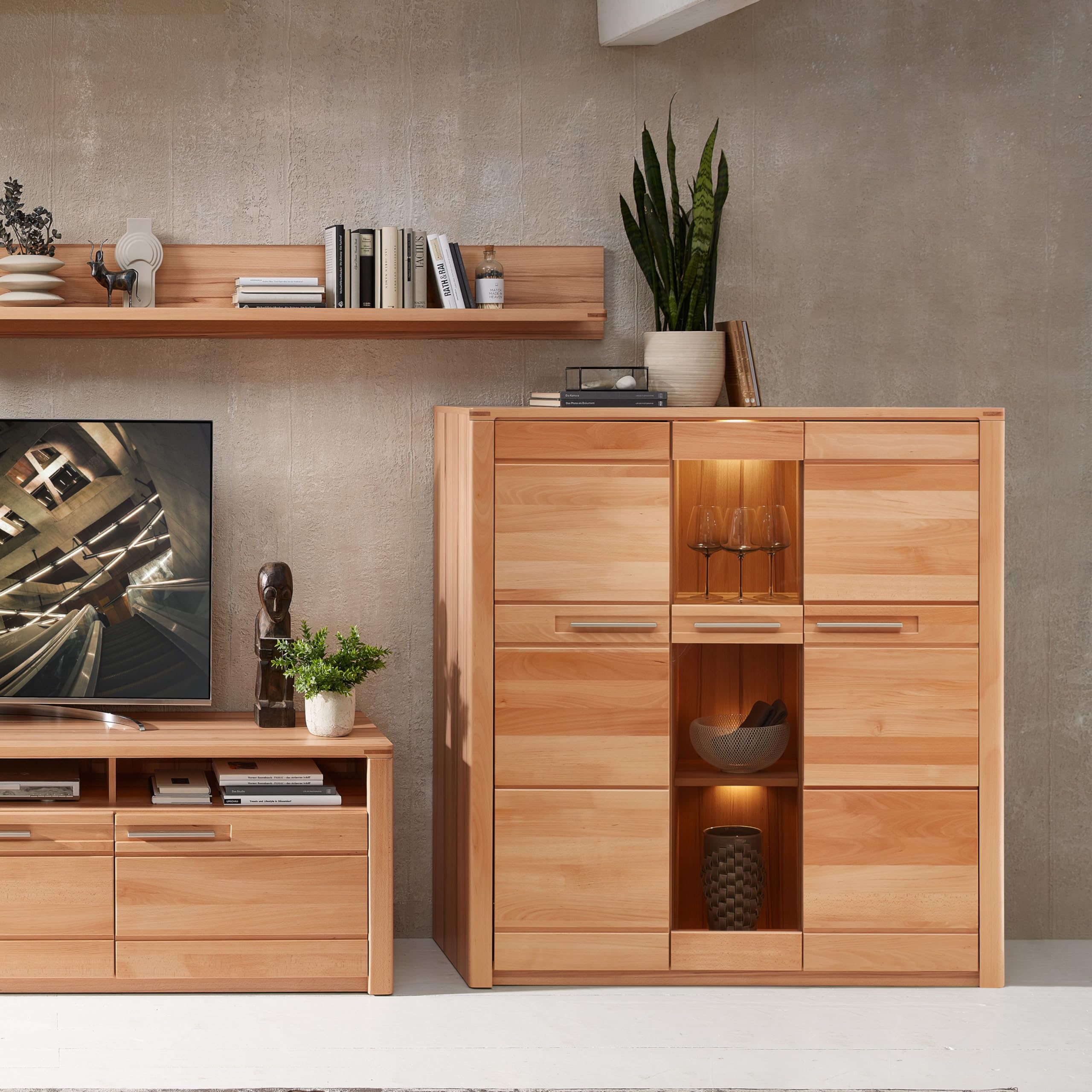 Nature ONE Highboard in Kernbuche Teil-massiv FSC-Zertifiziert - Moderner Wohnzimmerschrank mit viel Stauraum und LED-Beleuchtung - 127 x 137 x 40 cm (B/H/T)
