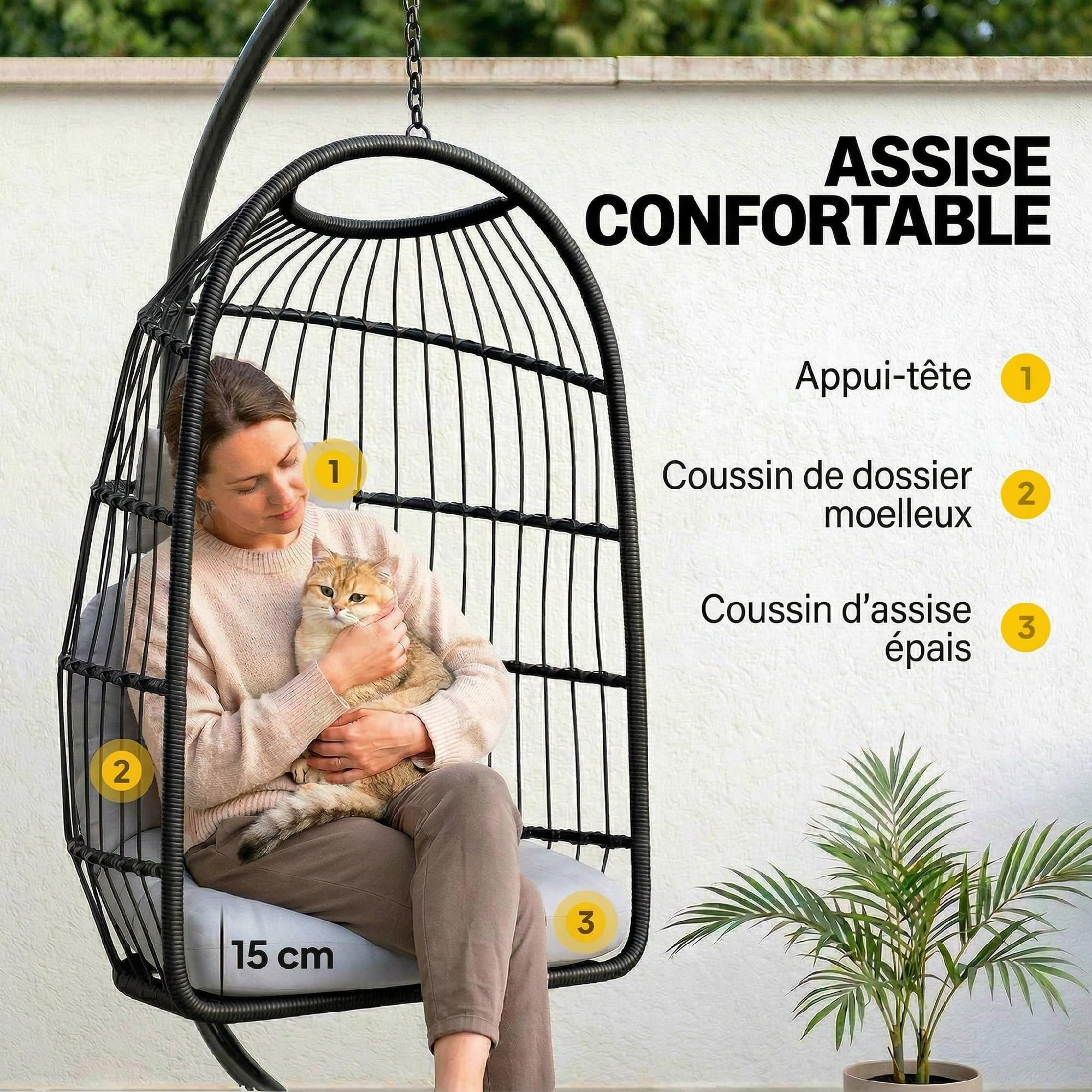 Outsunny Fauteuil Œuf Suspendu Pliable avec Support - Balançoire de Jardin avec Coussin 15cm et Appui-tête - Chaise Suspendue Intérieure et Extérieure, Nacelle Pliable Gain de Place, Noir et Gris