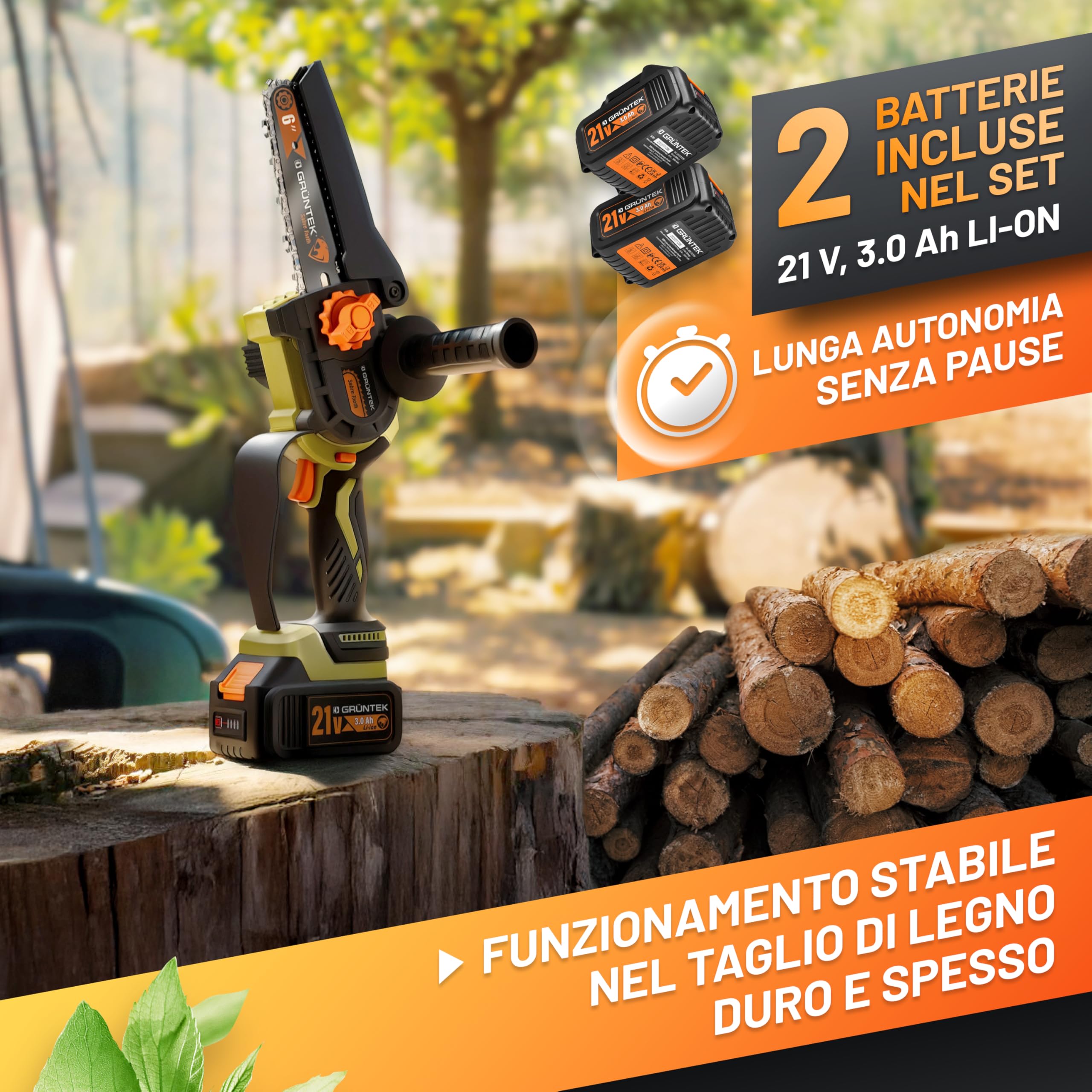 GRÜNTEK Mini Motosega a Batteria 1050W. Motosega Elettrica 6" e 8". Sega Elettrica per Potatura Brushless. Seghetto Elettrico per Legno. Lubrificazione Automatica. Potatore con 2 Batterie 21V.