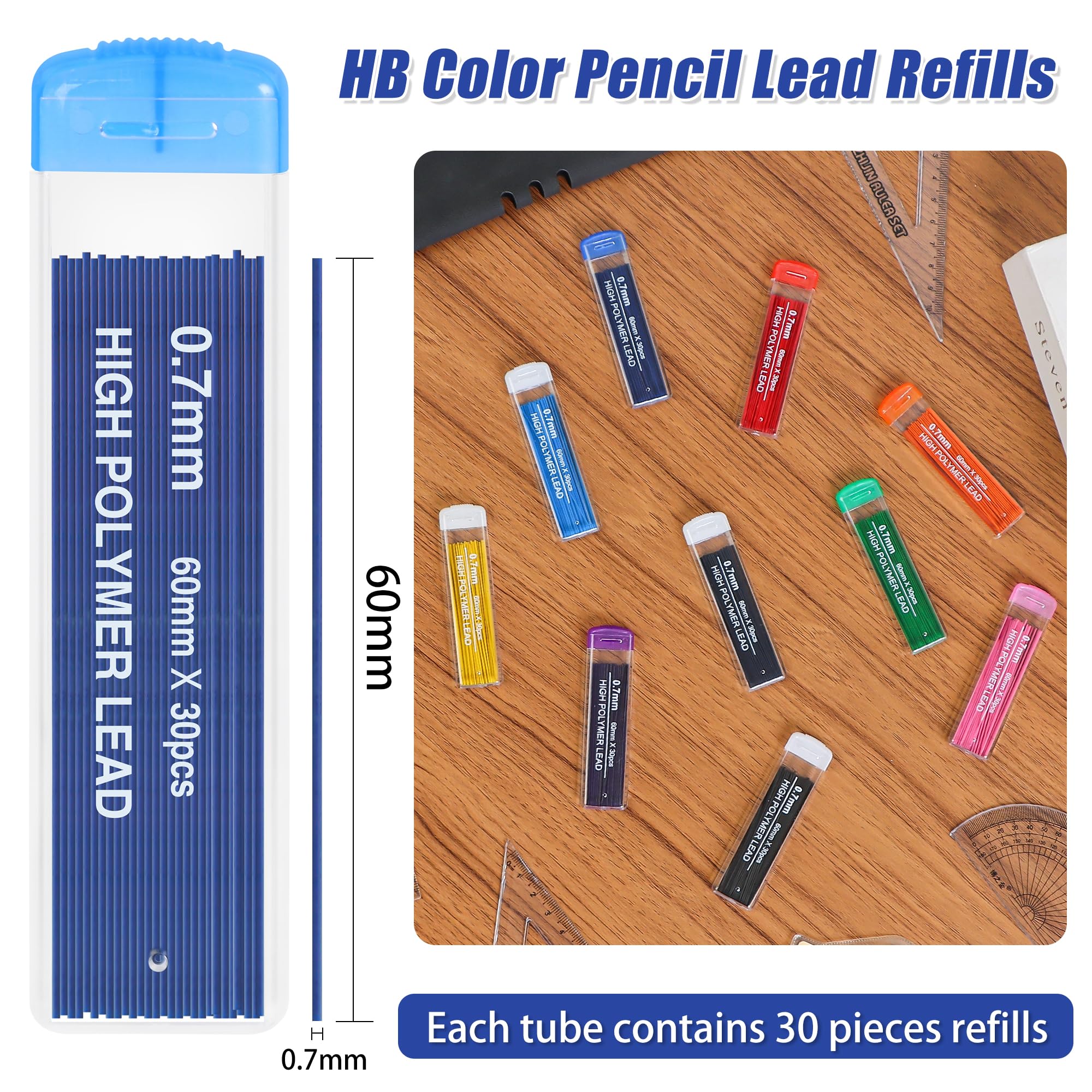 Lot de 300 mines de crayon de couleur HB de 0,7 mm pour étudiants, fournitures scolaires, maison, bureau, rentrée scolaire, cadeaux de crayon scolaire, 10 couleurs