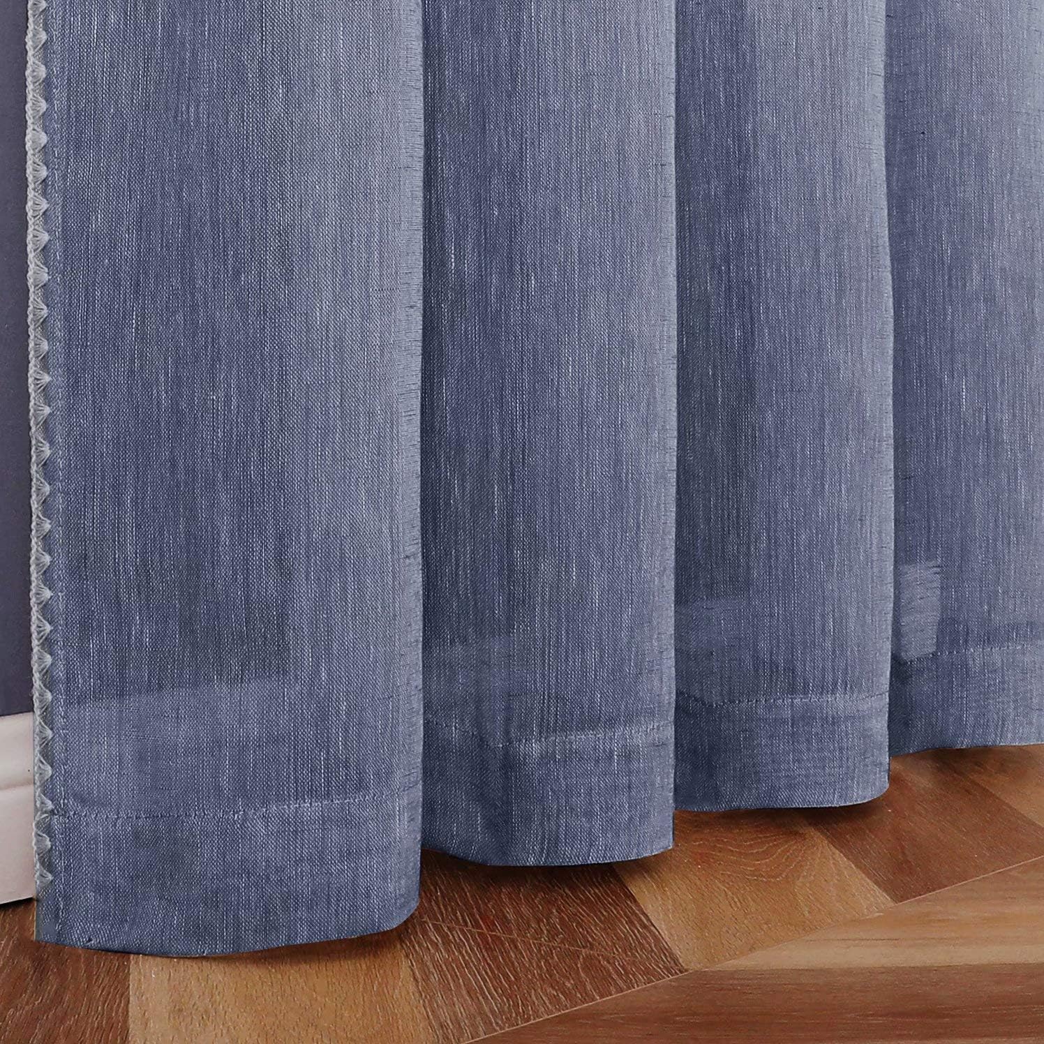 MISS SELECTEX Natural Linen Sheer Curtains - Bordered Semi-Sheer Drapes Textured Grommet Top Voile Window Curtains for Bedroom and Living Room, Denim Blue, 52x63 inches Long, Set of 2 Panels