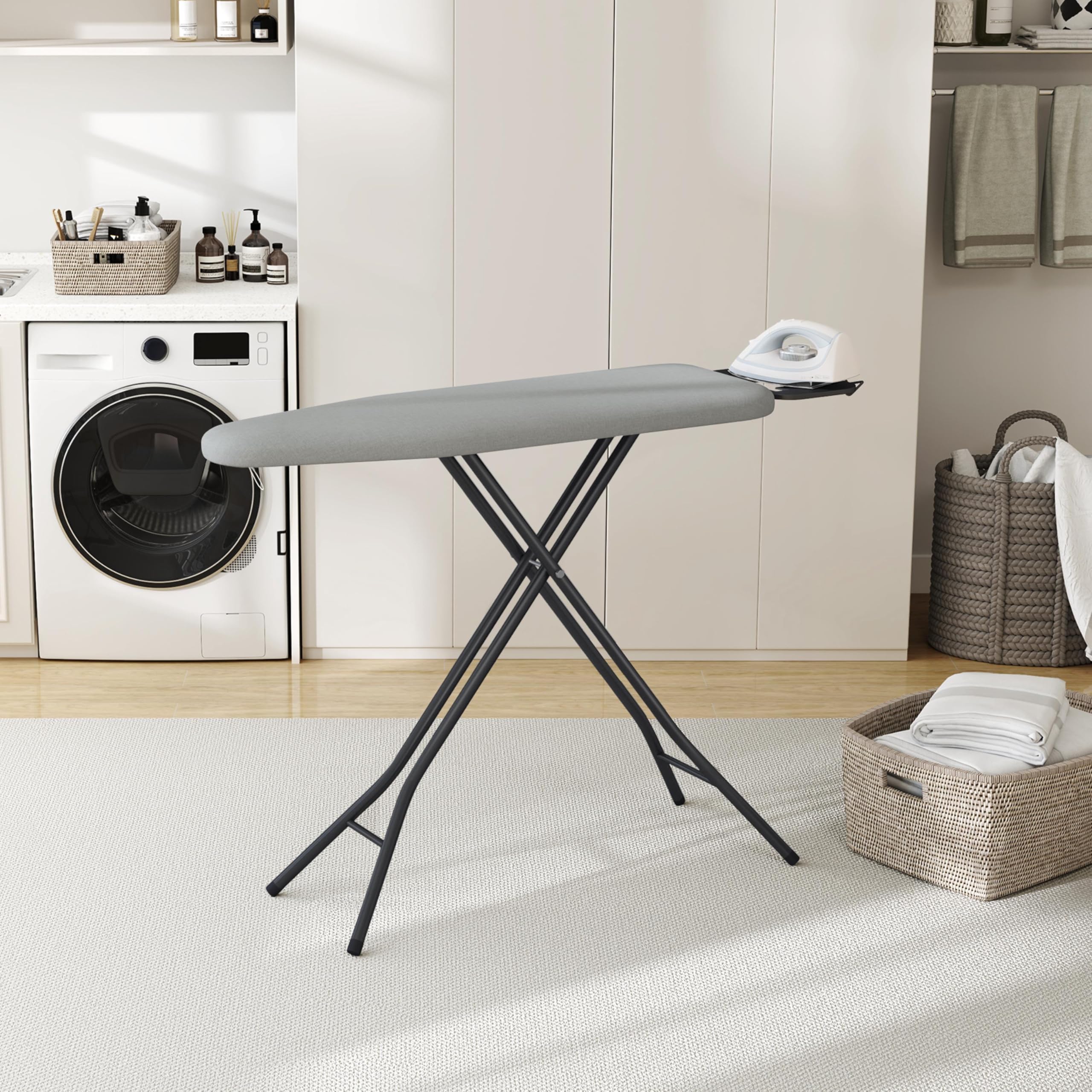 Yaheetech Foldable Ironing Board, Heavy Duty Iron Board with 9 Adjustable Heights, 4 Layer Cover and Safety Iron Rest, 52X14 Compact and Space Save Iron Board for Home Laundry Room Use, Gray