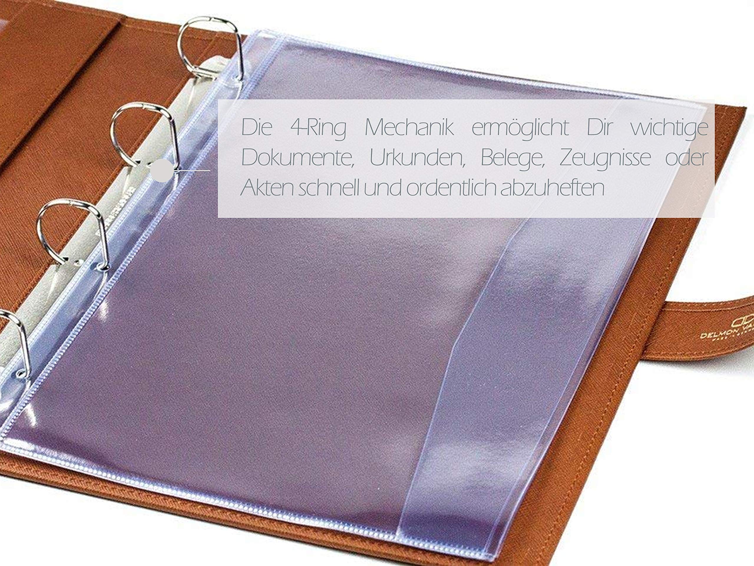 DELMON VARONE - Personalisierbare Dokumentenmappe DIN A4 mit Schloss & Schlüssel inkl. 3 Klarsichthüllen, Saffiano Kunstleder braun, Ringbuch Sammelmappe mit Verzeichnis für Dokumente & Urkunden