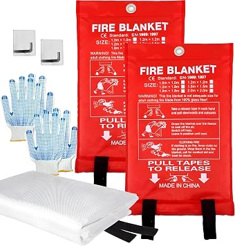 MDH Fire Blanket 40x40 inches Fiberglass w/Gloves Hooks Whistle - Fireproof Safety for Home Kitchen Restaurant House - Fire Suppression Reusable Fire Blanket 2-Pack