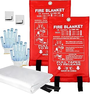 MDH Fire Blanket 40x40 inches Fiberglass w/Gloves Hooks Whistle - Fireproof Safety for Home Kitchen Restaurant House - Fire Suppression Reusable (Fire Blanket 2-Pack)