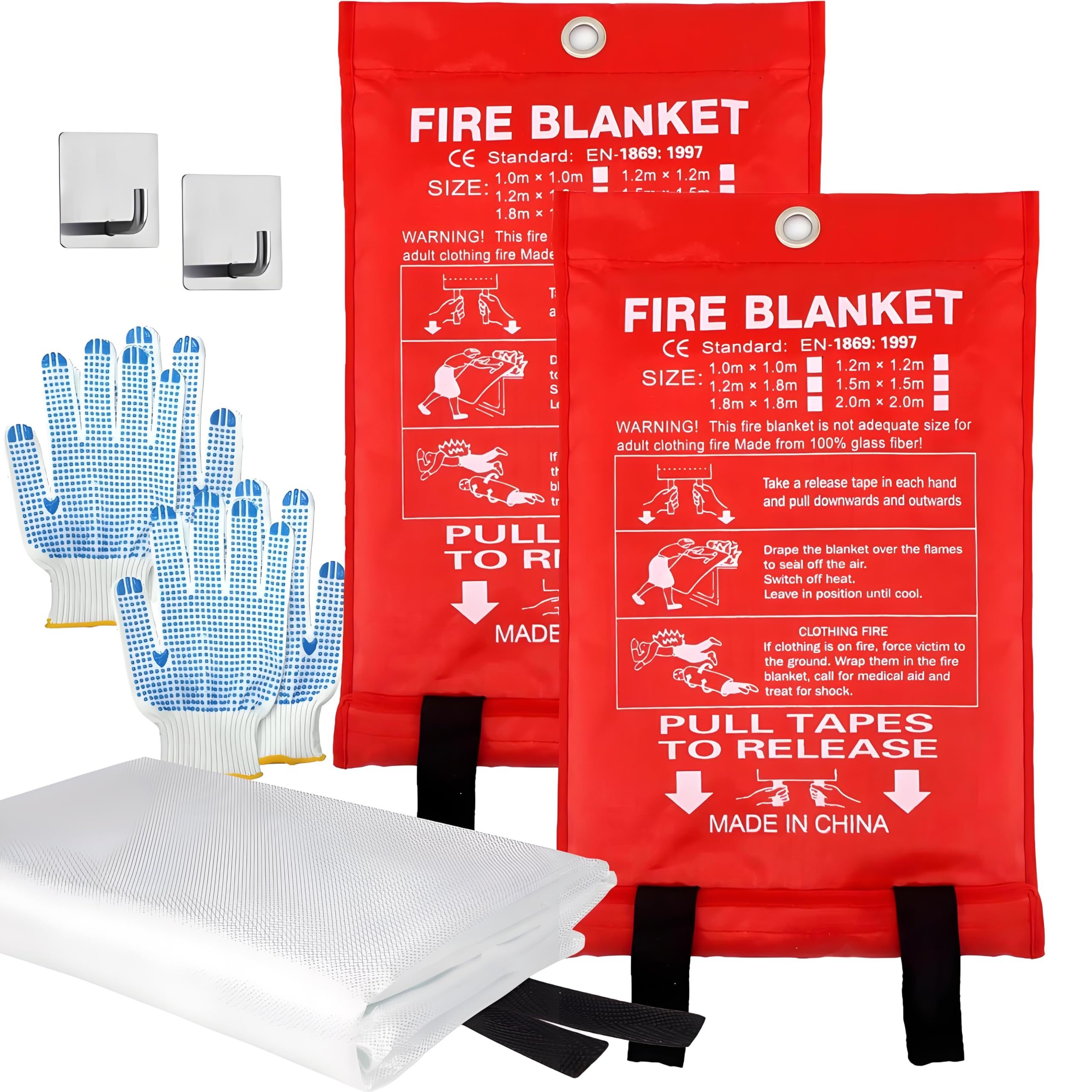 MDH Manta ignífuga de fibra de vidrio de 40 x 40 pulgadas con guantes, ganchos y silbato, seguridad ignífuga para el hogar, cocina, restaurante, casa, reutilizable (manta ignífuga paquete de 2)