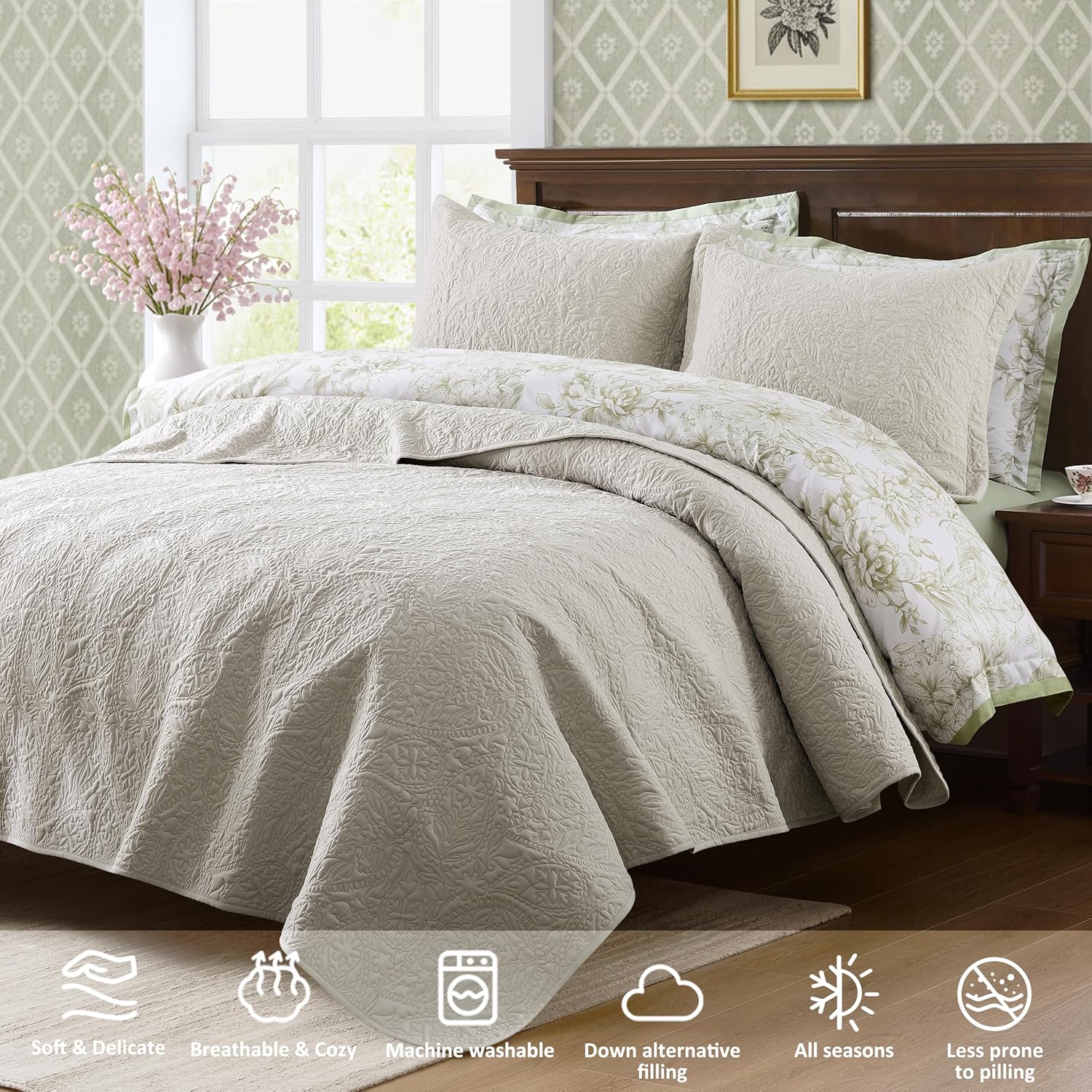 WDCOZY Paisley Quilt Set Queen Size, Beige Matelasse Lightweight Bedspread, Soft Farmhouse Rustic Coverlet, Spring Summer Vintage Thin Comforter, Country Bedding, 90x90 inches, 3 Pieces