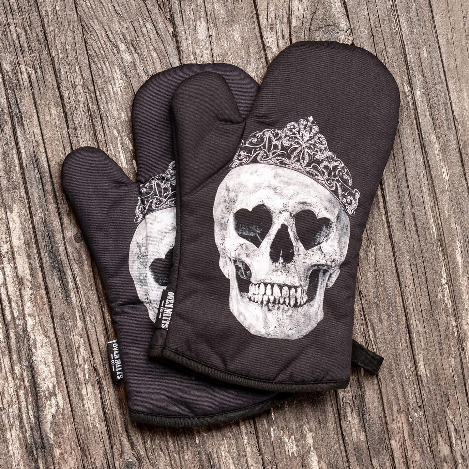 Black Skull King & Queen Oven Mitts & Potholder Set by Oven Mitts Co.