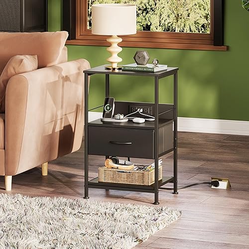 Miniatura 8 de WLIVE Mesita de noche con estación de carga, mesita de noche LED con cajón de tela ajustable, mesa de noche de almacenamiento de 3 niveles, mesas