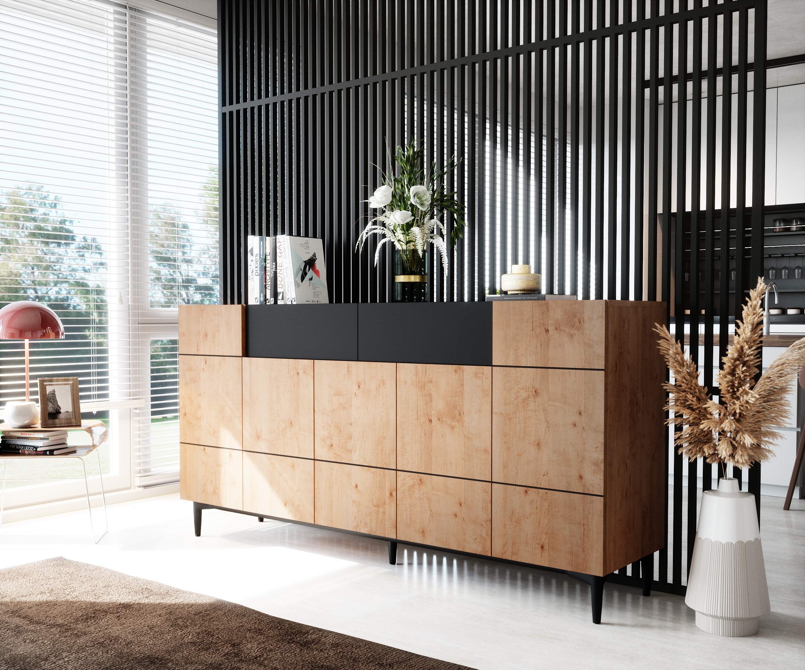 Newfurn Sideboard Wildeiche Schwarz grifflos Kommode Wohnzimmer | zweifarbige Holzoptik, konische Metallbeine, Klappen und Türen, Highboard Anrichte, für Flur und Esszimmer