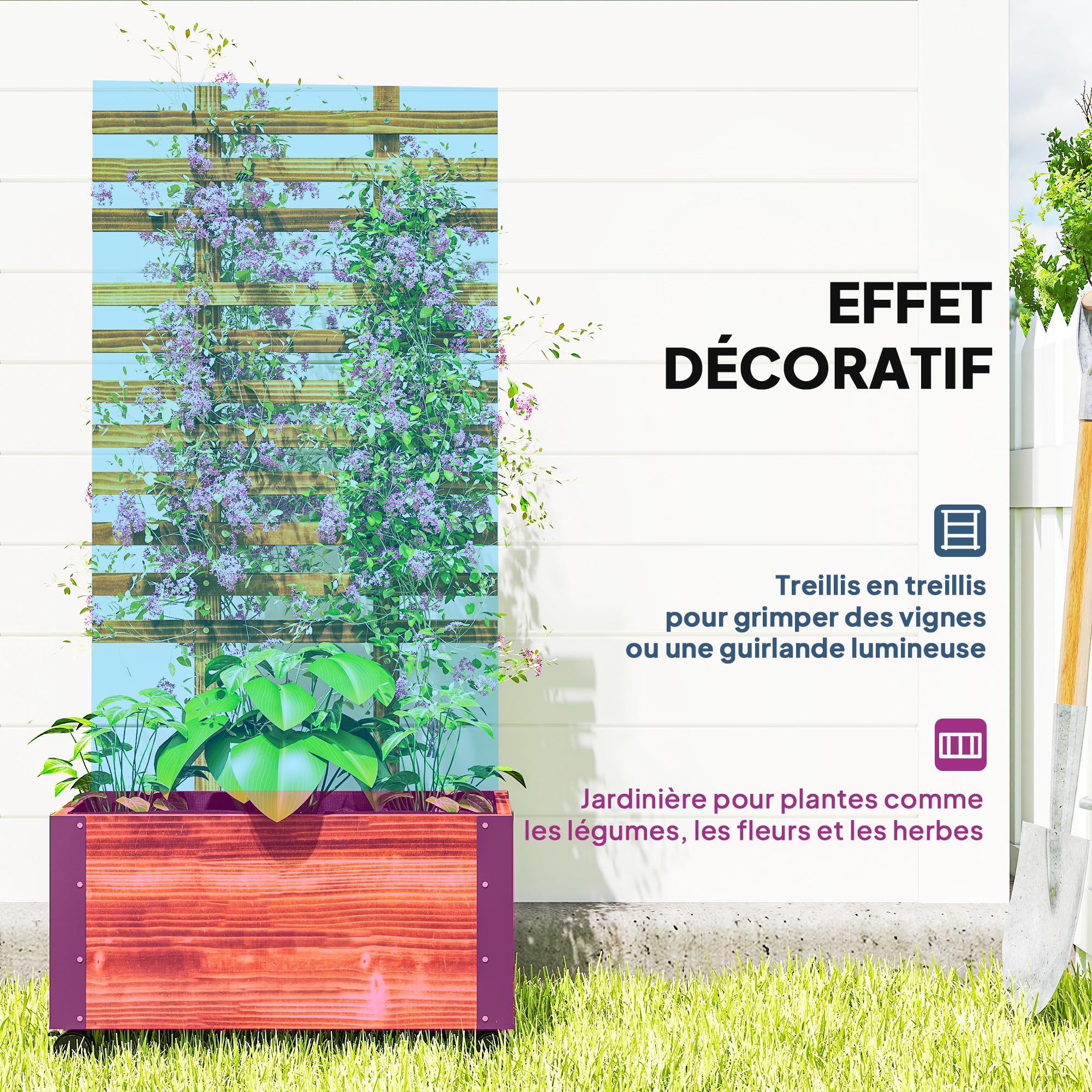 Outsunny Jardinière avec Treillis - bac à Fleurs avec Tissu Non tissé et roulettes - 65 x 31 x 147 cm Bois Sapin pré-huilé