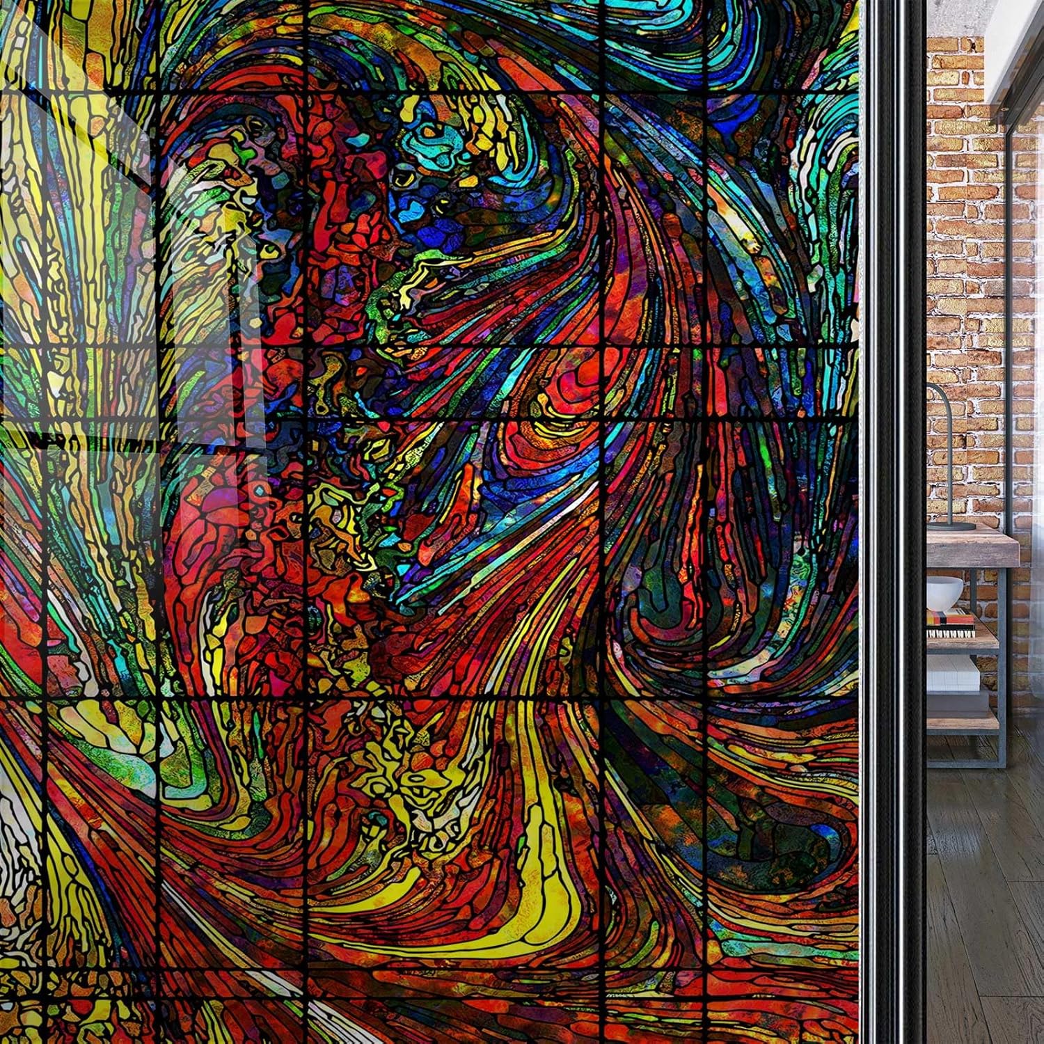 Stained Glass UV Blocking Window Film Watercolor Abstract Colorful Vintage Removable Window Film Sticker for Home Decorative