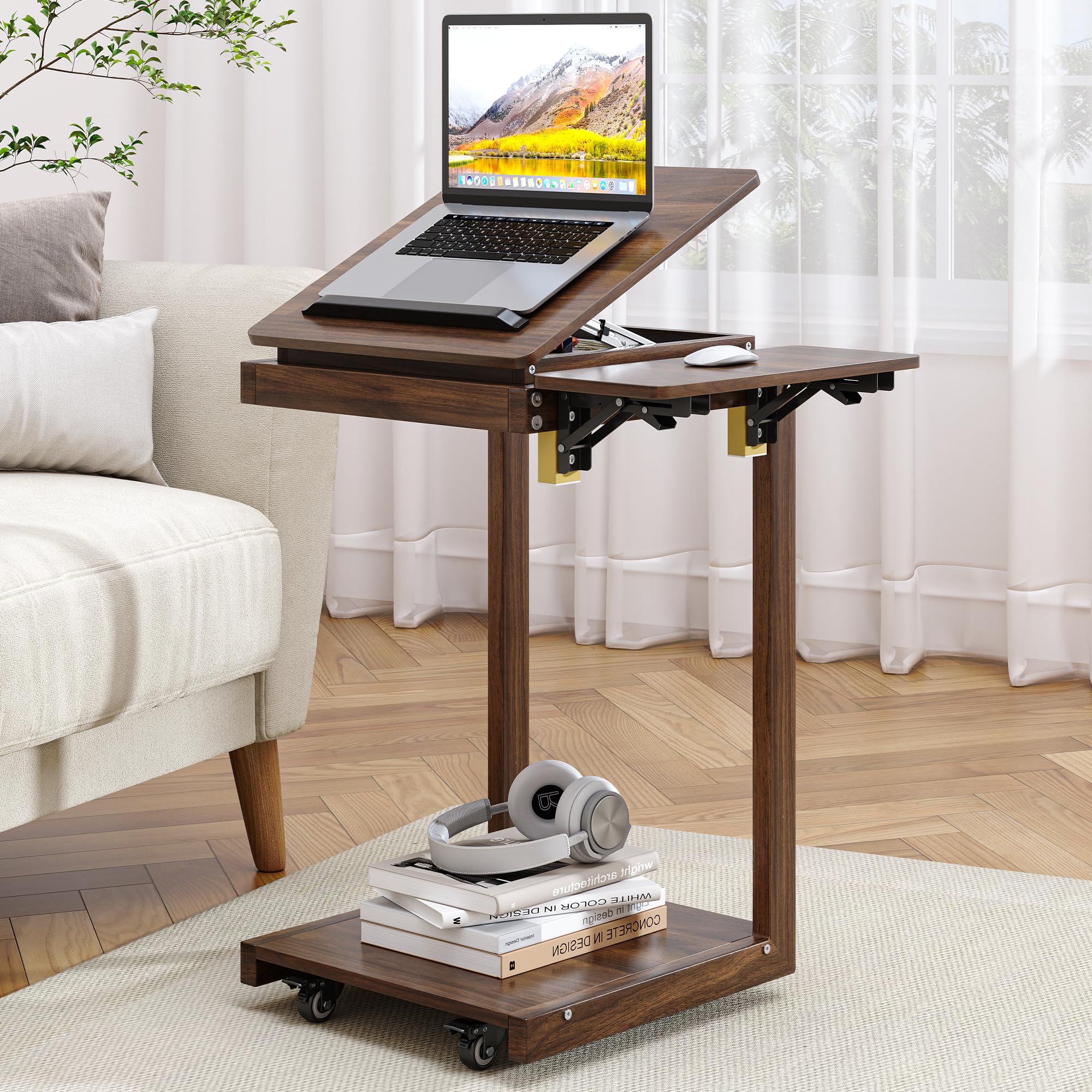C Shaped End Table for Couch C Table with Wheels Folding Desktop Wood Rolling Side Table with Storage Desk Tv Tables Lockable Wheel for Couch, Living Room, Bedroom, Walnut