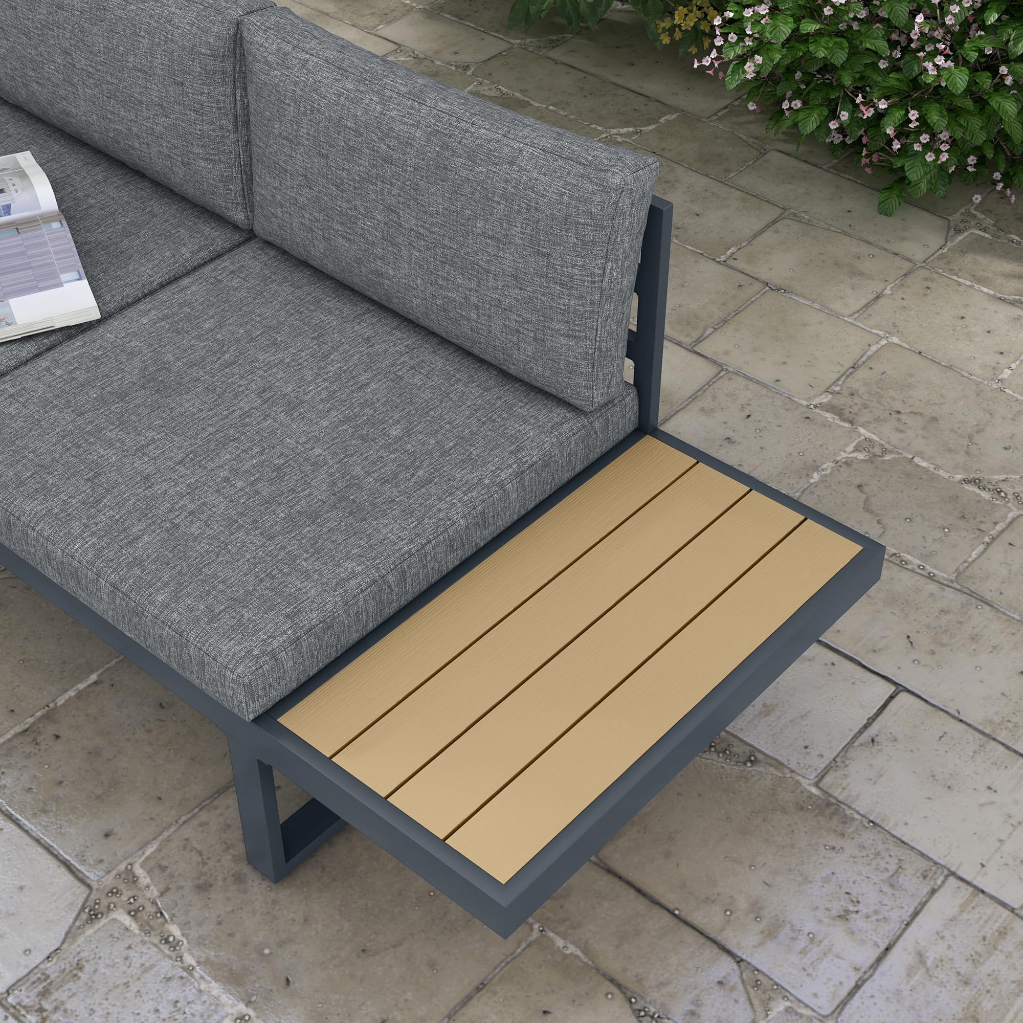 Outsunny Set da Giardino 4 Pezzi in Alluminio e Poliestere, Set da Esterno con 2 Divanetti 163x70x64 cm, Poltrona Angolare 70x70x64 cm e Tavolino da Caffè 102x60x30 cm, Grigio Scuro e Teak
