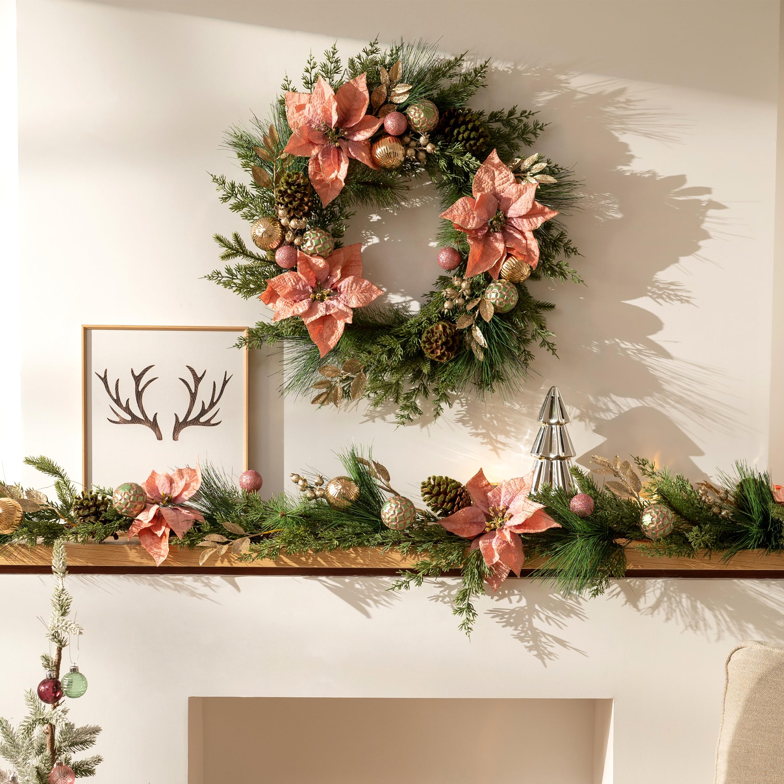 Decorbyhannah Couronne de Saint-Valentin pliable de 61 cm pour porte d'entrée avec lumières, décoration de Saint-Valentin artificielle avec fleurs roses pour fenêtre de table (rose doré)