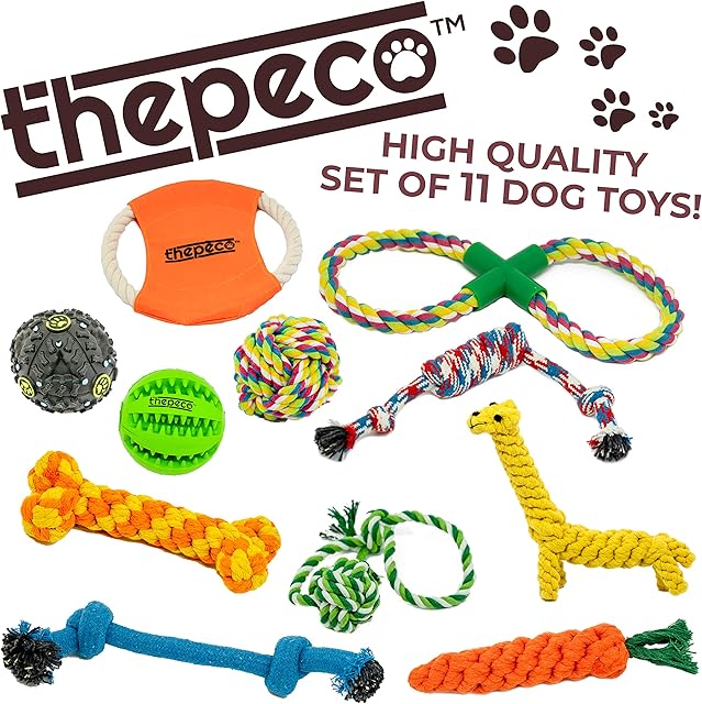 11 Exciting Variety Pack of Puppy Toys. Includes Treat Dispensing Rubber Ball. Hard Wearing Rope Toys ideal for Interactive and Independent Play. Great Dog Toys for Boredom and Teething.