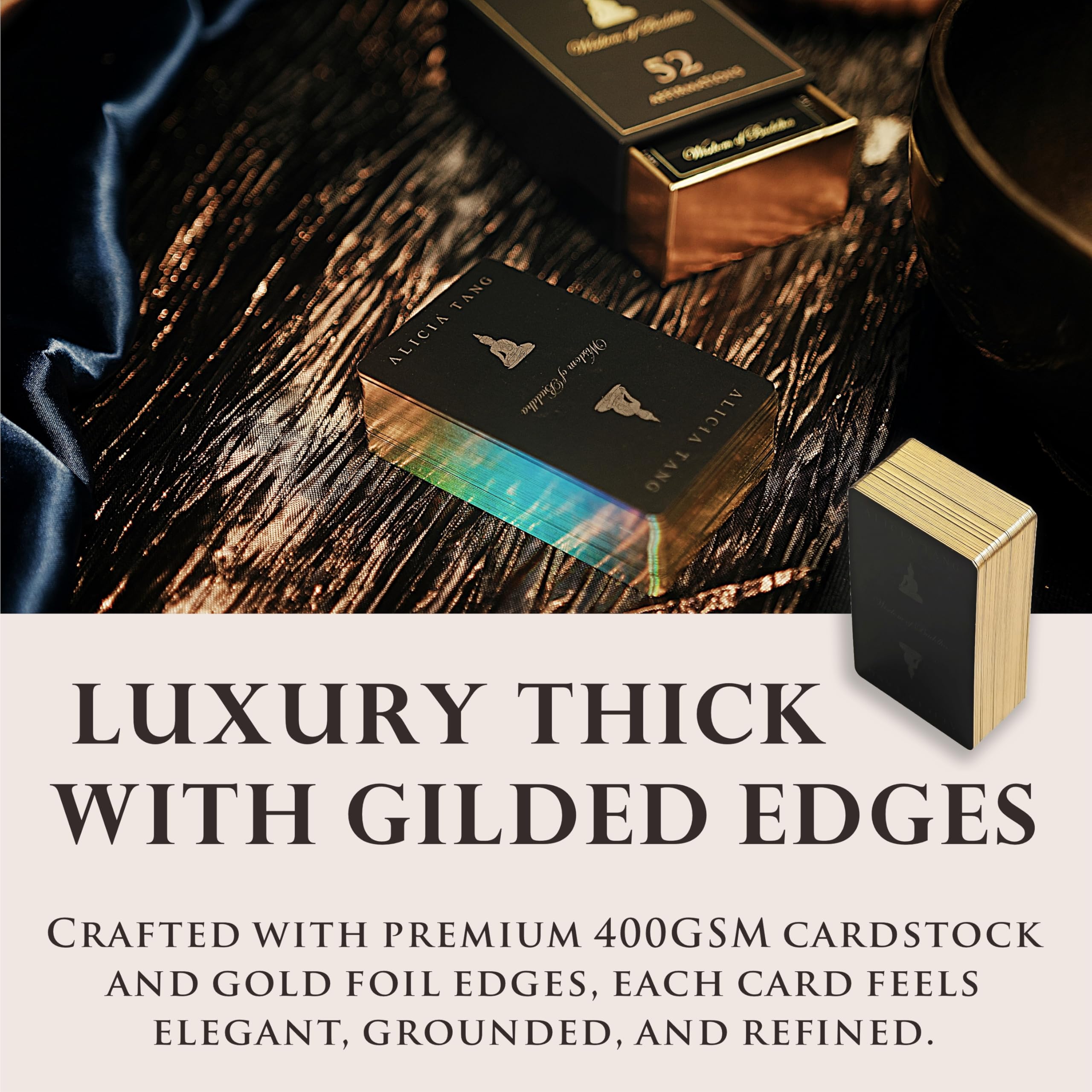 Wisdom of Buddha Oracle Cards | 55 Affirmation Pocket-sized Card Deck for Inner Peace and Clarity, Includes Hand-Illustrated Artwork by Alicia Tang and Sanskrit Mantra Amulet