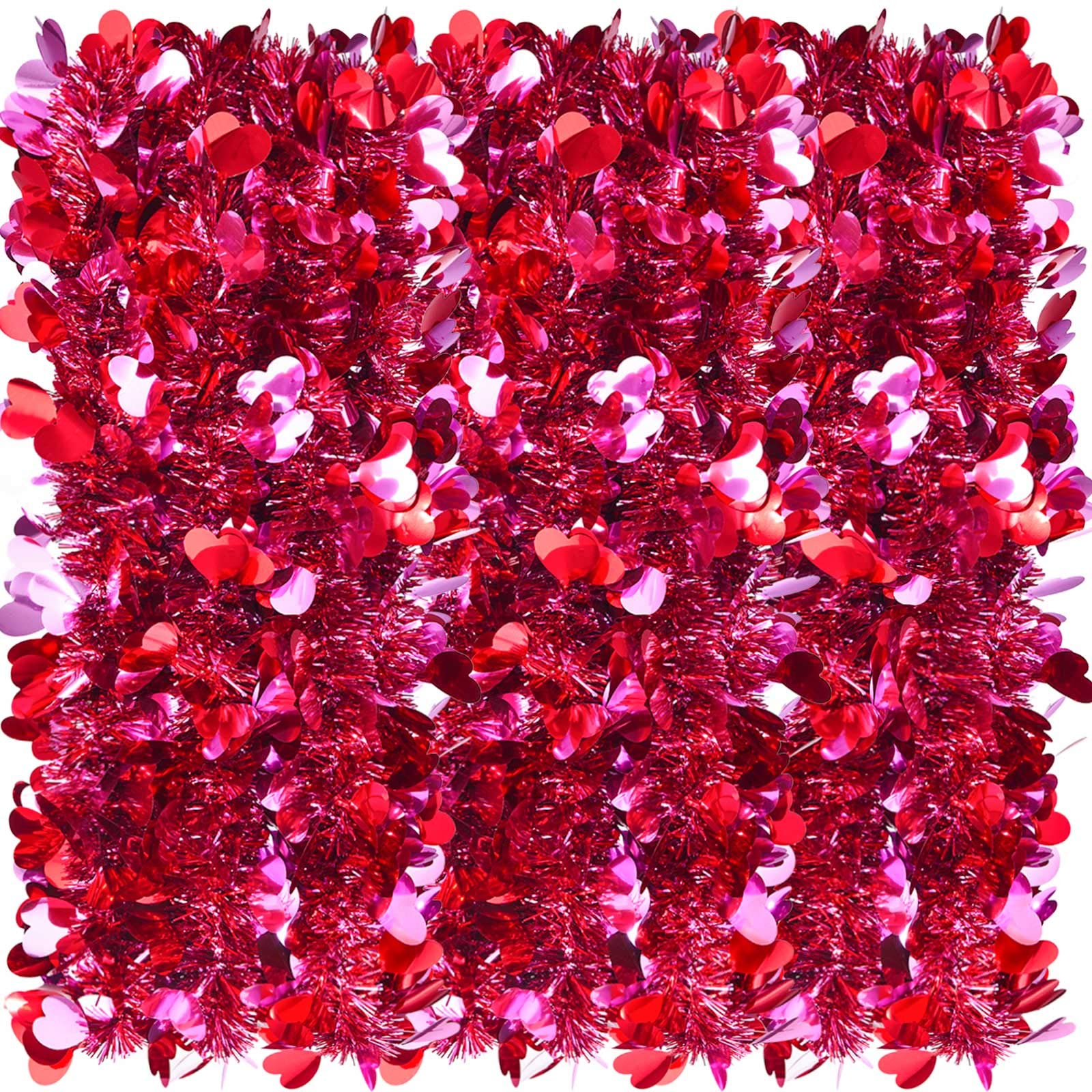 WILLBOND 26.2 Feet Heart Tinsel Garland Valentines Metallic Tinsel Twist Garland Shiny Hanging Decoration for Valentines Tree Wreath Wedding Party Supplies (Red, Pink)