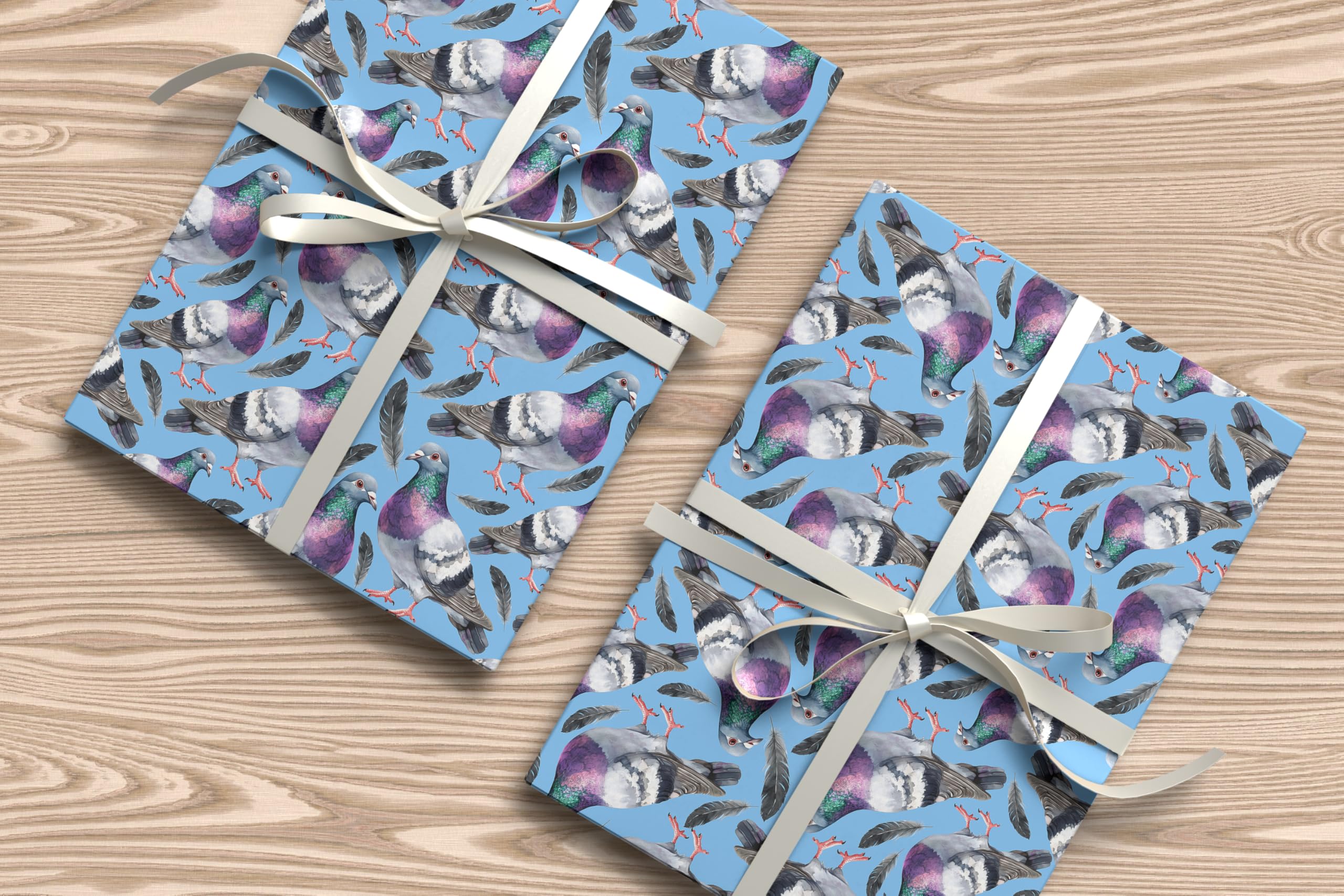 Pigeon Wrapping Paper Sheet – Watercolour Bird & Feather Print – Funny Gift Wrap for Animal Lovers, Bird Fans & Quirky Occasions W71 (Cornblue, Medium Sheet - 42 x 58cm / 15.7" x 22.8" inches)