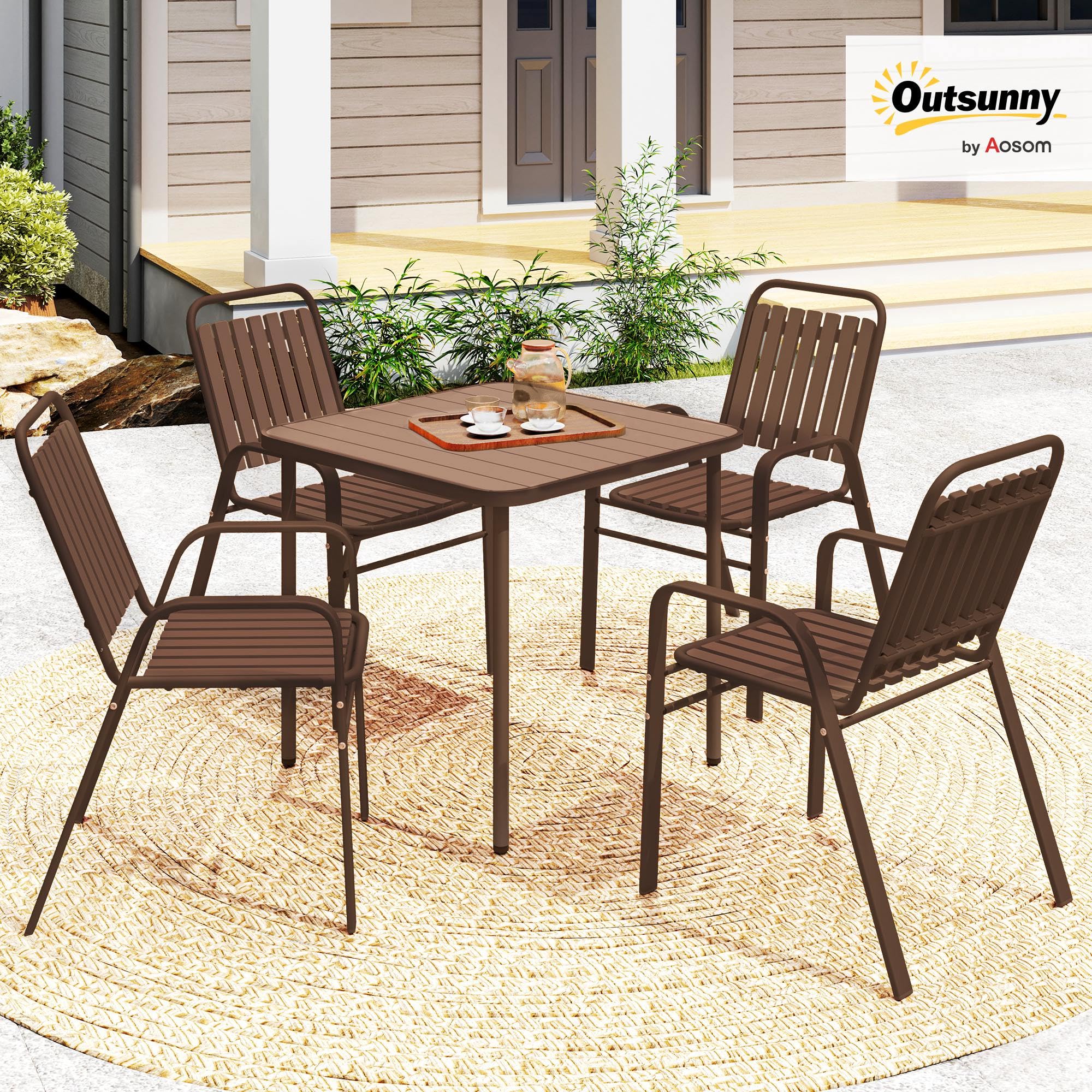 Outsunny Set 4 Sedie da Giardino Impilabili con Schienale Alto e Braccioli, Sedie da Esterno in Plastica PP e Acciaio, da Patio, Balcone, Terrazza, Esterno e Interno, 56x66x91 cm, Marrone Scuro