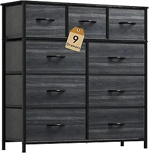 DWVO Dresser with 9 Drawers - Fabric Storage Tower, Organizer Unit for Living Room, Hallway - Sturdy Steel Frame, Wooden Top & Easy Pull Fabric Bins