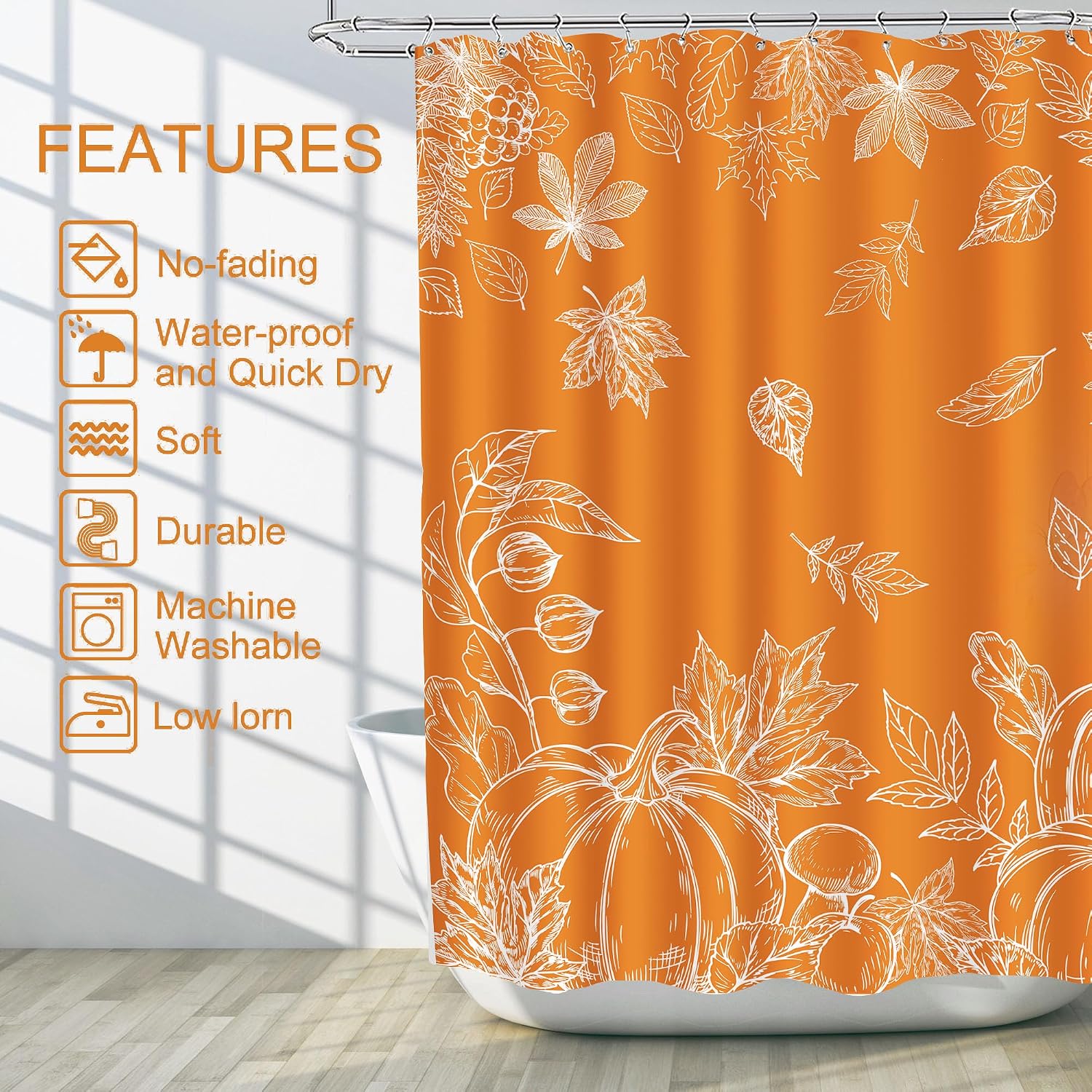 Fall Leaves Shower Curtain, Pumpkins Curtain for Bathroom, Happy Fall Yall Orange Autumn Waterproof Bath Curtains with Hooks for Decorations, 71x71 Inches