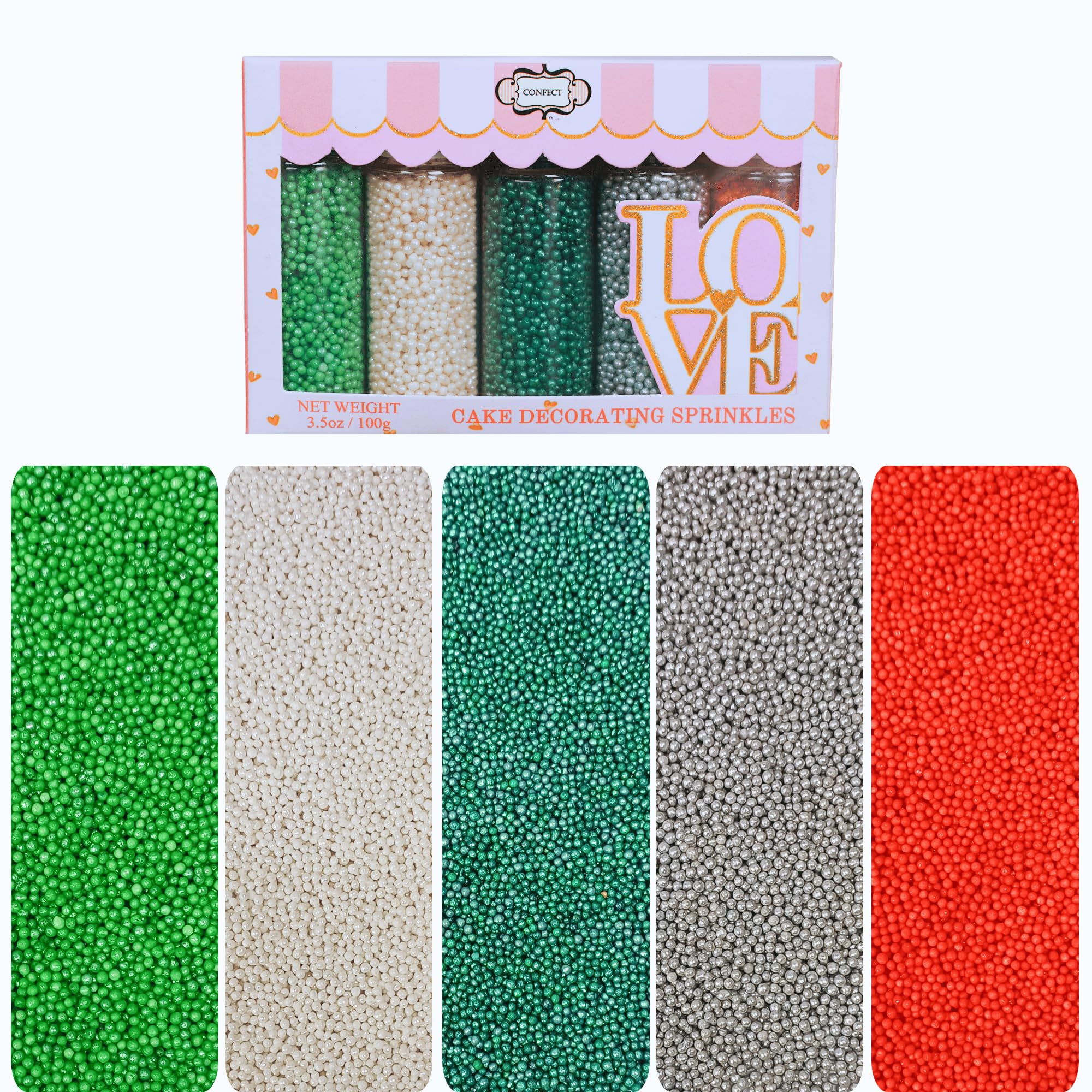 Confect Edible Pearl Sprinkles – Festive Mix of Red, White, Silver & Green Disco Ball Sprinkles – Cake & Cupcake Toppers for Baking, Decorating, and Party Treats- 5 Oz