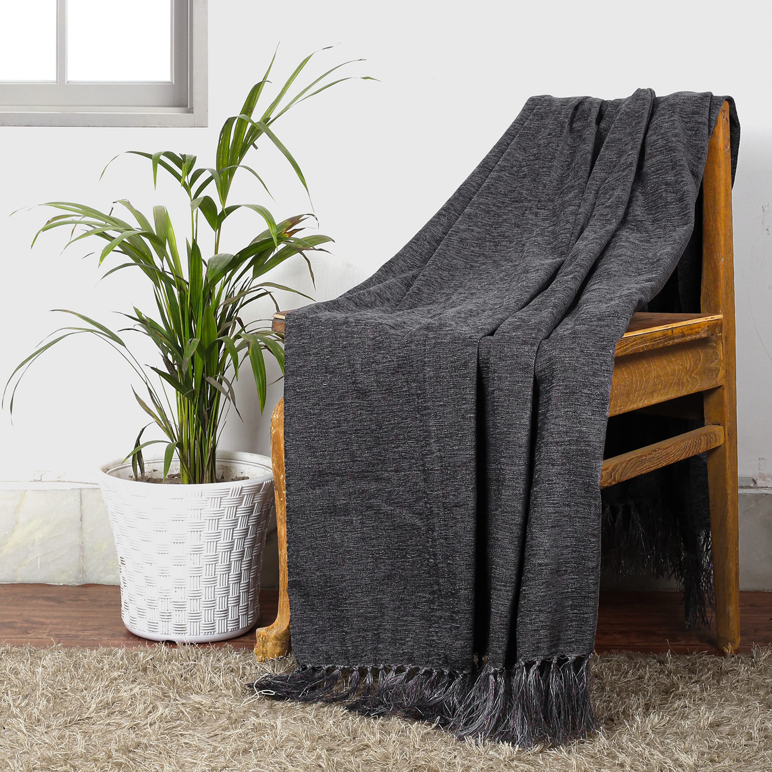 Cazimo Soft Chenille Premium Throw Blanket with Tassel Fringe, Fade Resistant, All Seasons,Ultra-Soft for Decorative Sofa & Bed Cover, Chair & Travel, 60x50 Inches, Pack of 1, Grey