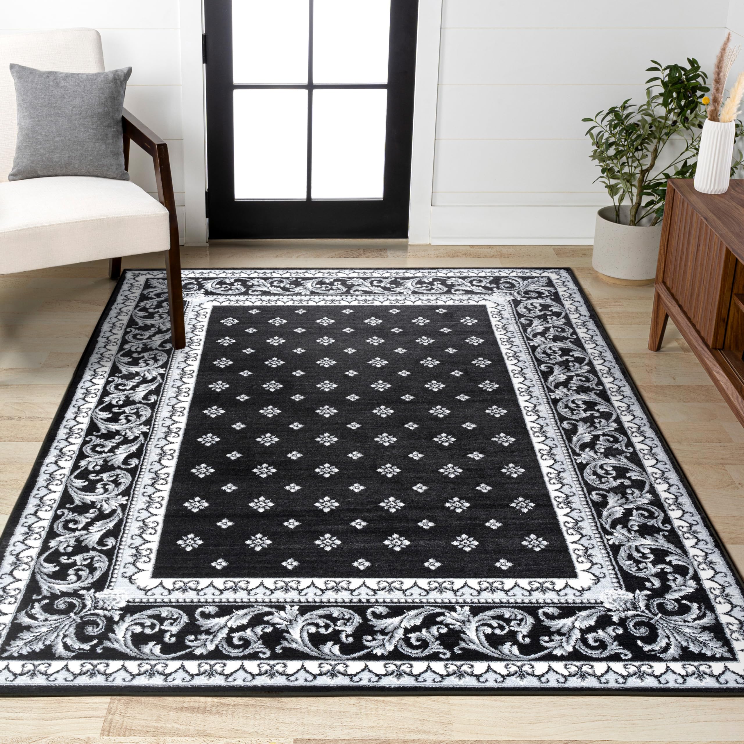JONATHAN Y Acanthus French Border Black/Gray Indoor Area Rug, 5x8, Vintage, Bohemian, Easy-Cleaning for Living Room, Bedroom, Kitchen, Pet Friendly,