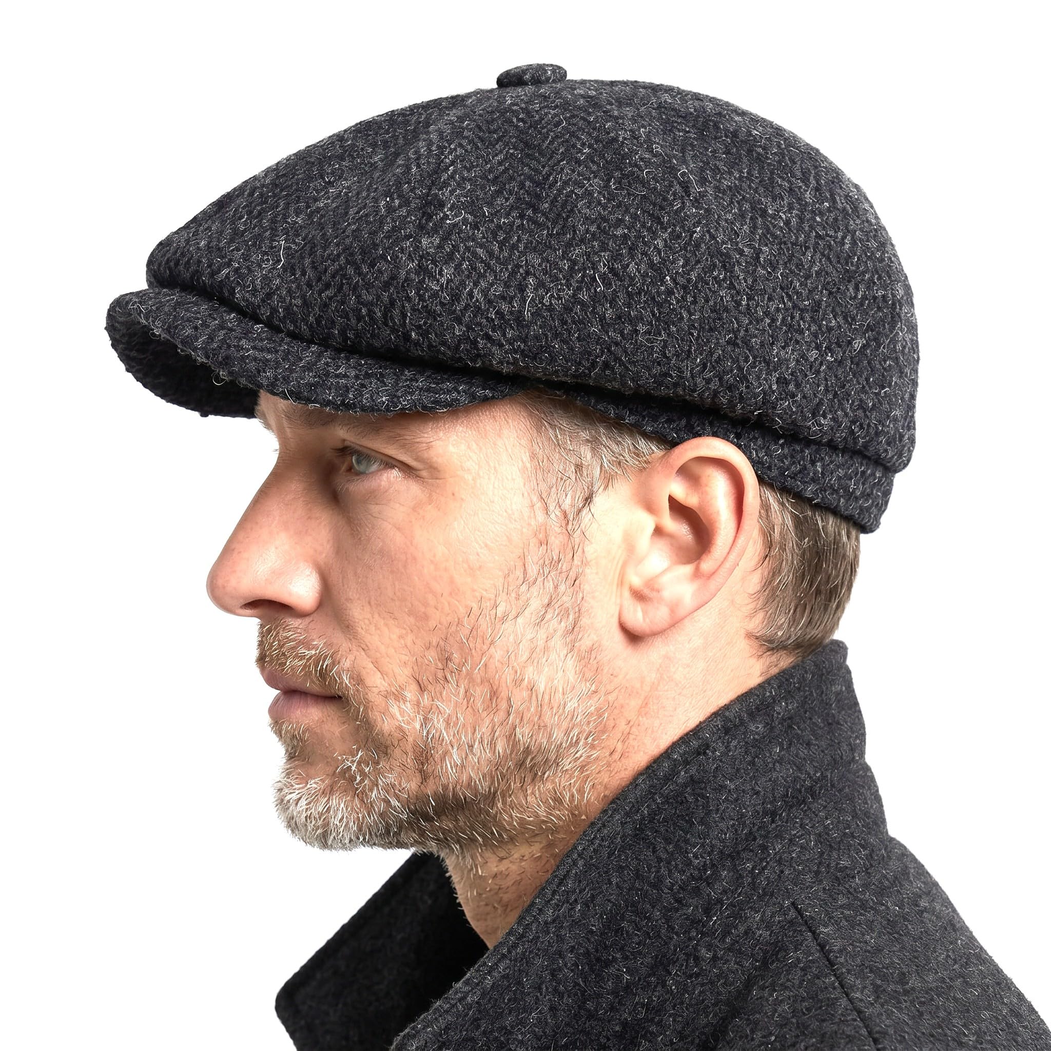 Tartan Tweeds Harris Tweed Traditional Peak Eight Panel Newsboy Cap British Made Charcoal Herringbone (Medium)