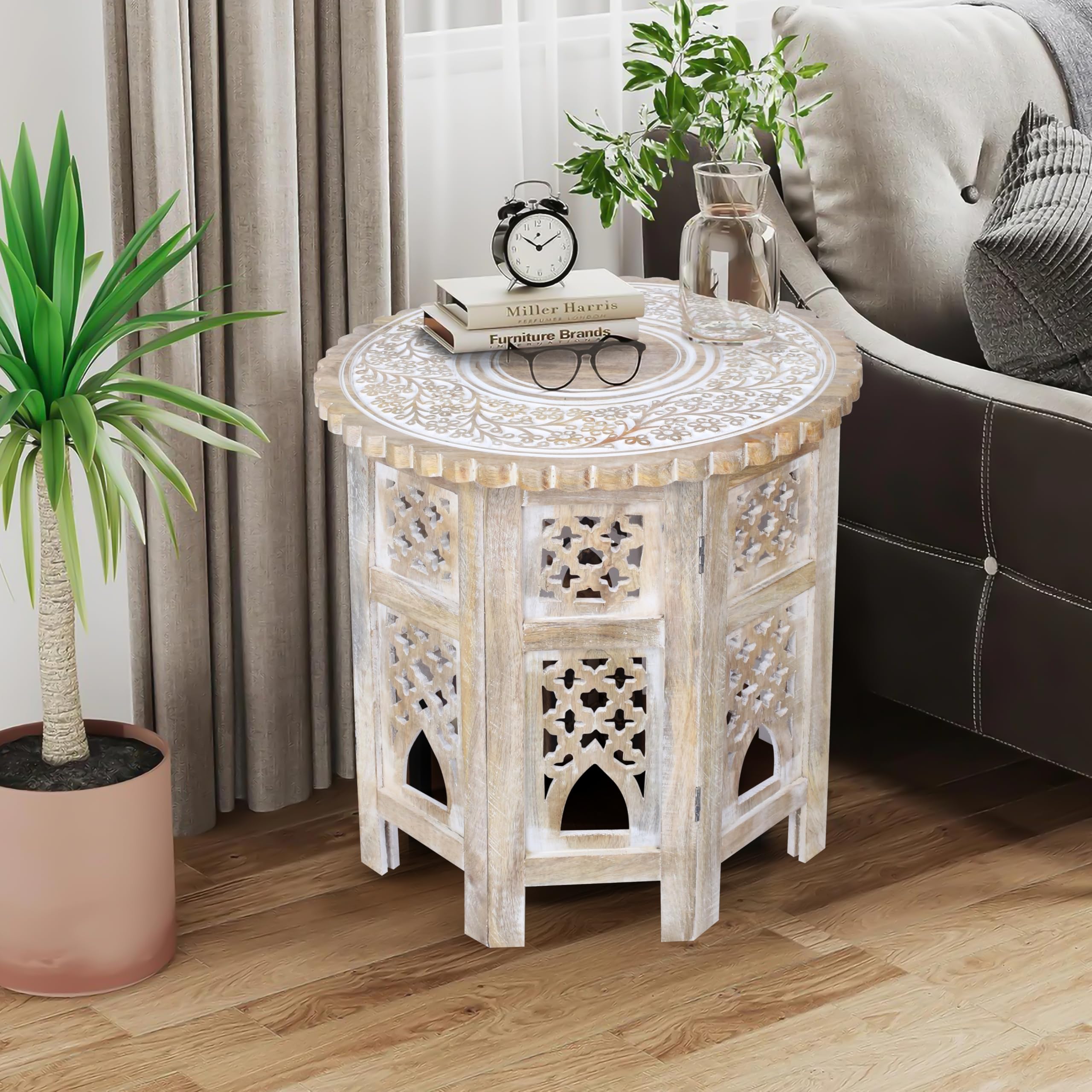 Side Table in Mango Wood-Handcrafted Solid Wood End Table, Carved Accent Table for Living Room, Bedroom, or Entryway Décor 18x18 Octagon Style