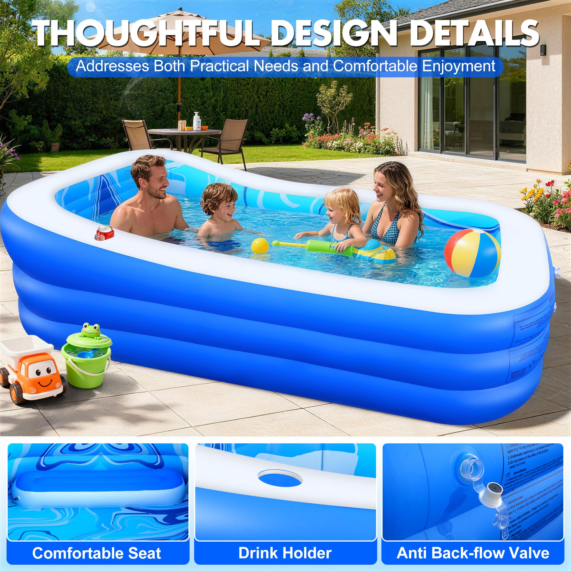 LuxBlue Piscina Hinchable Adultos, Piscina Inflable Familiar con Asiento y Respaldo, 0,5mm Espesor Grande Piscinas Hinchable Rectangular, 250*160*63cm Piscinas Insuflavel Adulto para Jardin Terraza