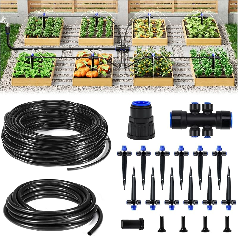 50FT Drip Irrigation Kit, Garden Watering System | DIY watering kit with quick connector, 12 adjustable drippers, 6mm tubing and 15mm main hose for gardens & greenhouses