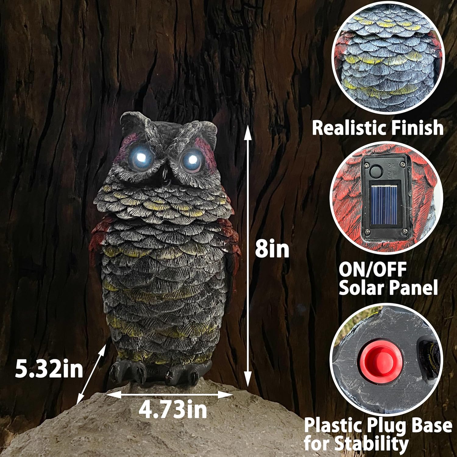 Owls to Keep Birds Away, Solar Owl Decoys to Scare Birds Away, Small Fake Owl for Bird Control, Resin Owls Outdoor Decor with Rotating Head and Lighted Eyes, Animal Deterrent for Outside, Garden - Image 4