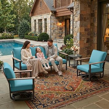 Aluminum Outdoor Patio Furniture Set, 4-Piece Outdoor Sofa with 5.1" Thick Cushions, 2 Swivel Rocking Chairs and 1 Side Table, Outdoor Couch for Backyard, Balcony, Blue
