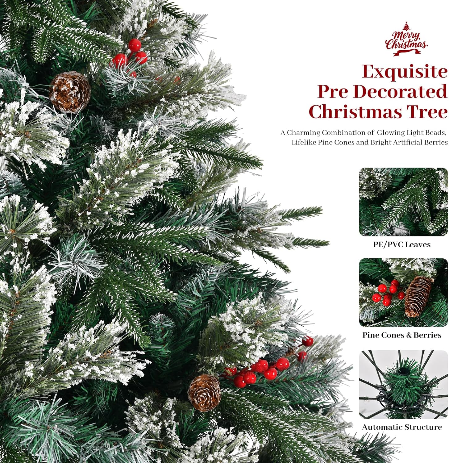 8Ft Flocked Christmas Tree,TEMACOO Pre-Decorated Artificial Christmas Trees, 1550 PE & PVC Tips with Pinecones & Berries,Metal Stand for Home/Office/Outside Holiday (árbol de Navidad)