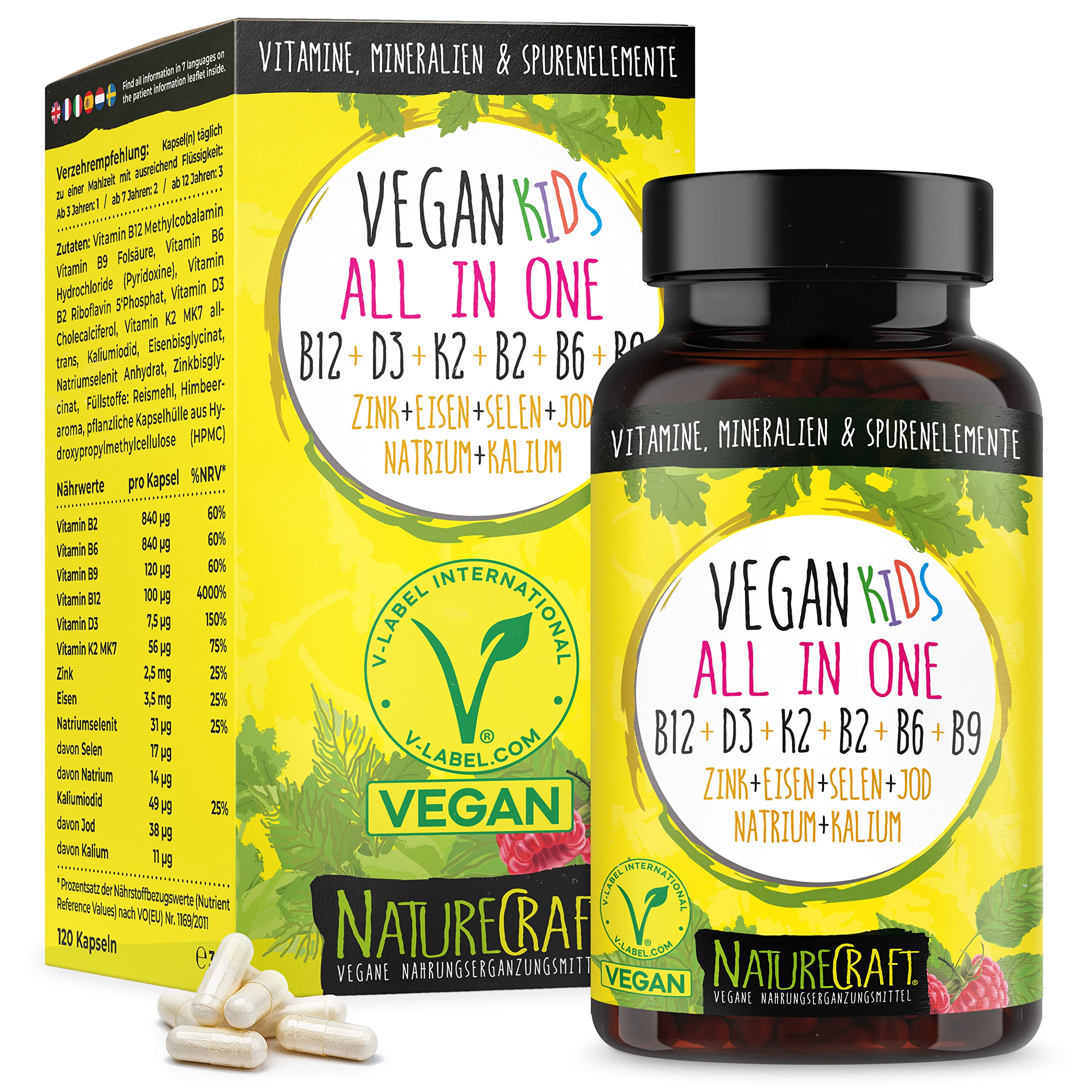 Vegan Kids All-in-One - Vitamin B12+D3+K2+B2+B6+B9 Folsäure + Zink + Eisen + Selen + Natrium + Kalium + Jod - Komplex für Kinder mit 120 Kapseln (max. 4 Monats-Vorrat)… (Packung mit 2)