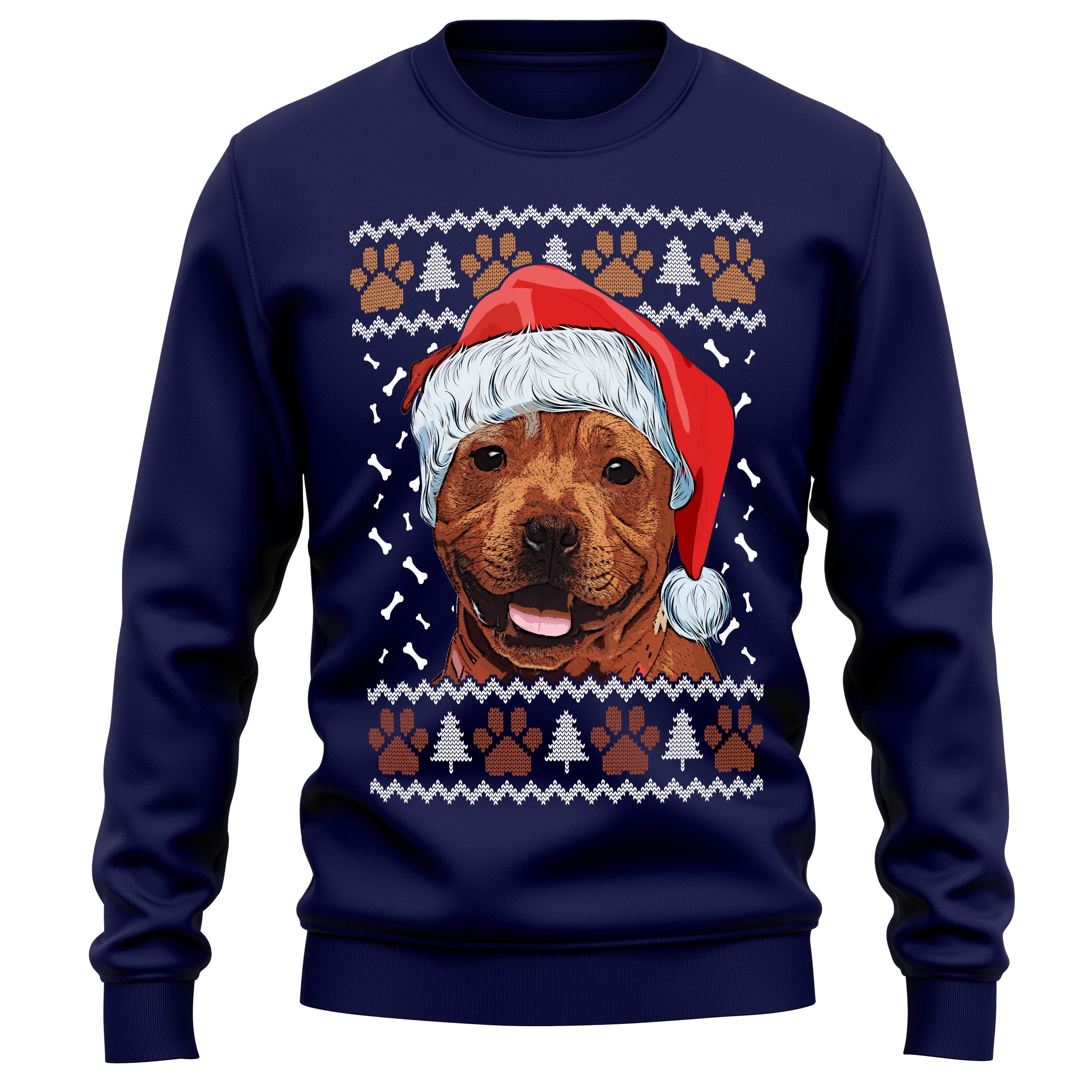 Purple Print House Staffordshire Bull Terrier Christmas Sweatshirt Adult Xmas Jumper For Staffy Dog Owner Gifts Autumn Winter Puppy Walks Sweater For Him and Her, S, Navy