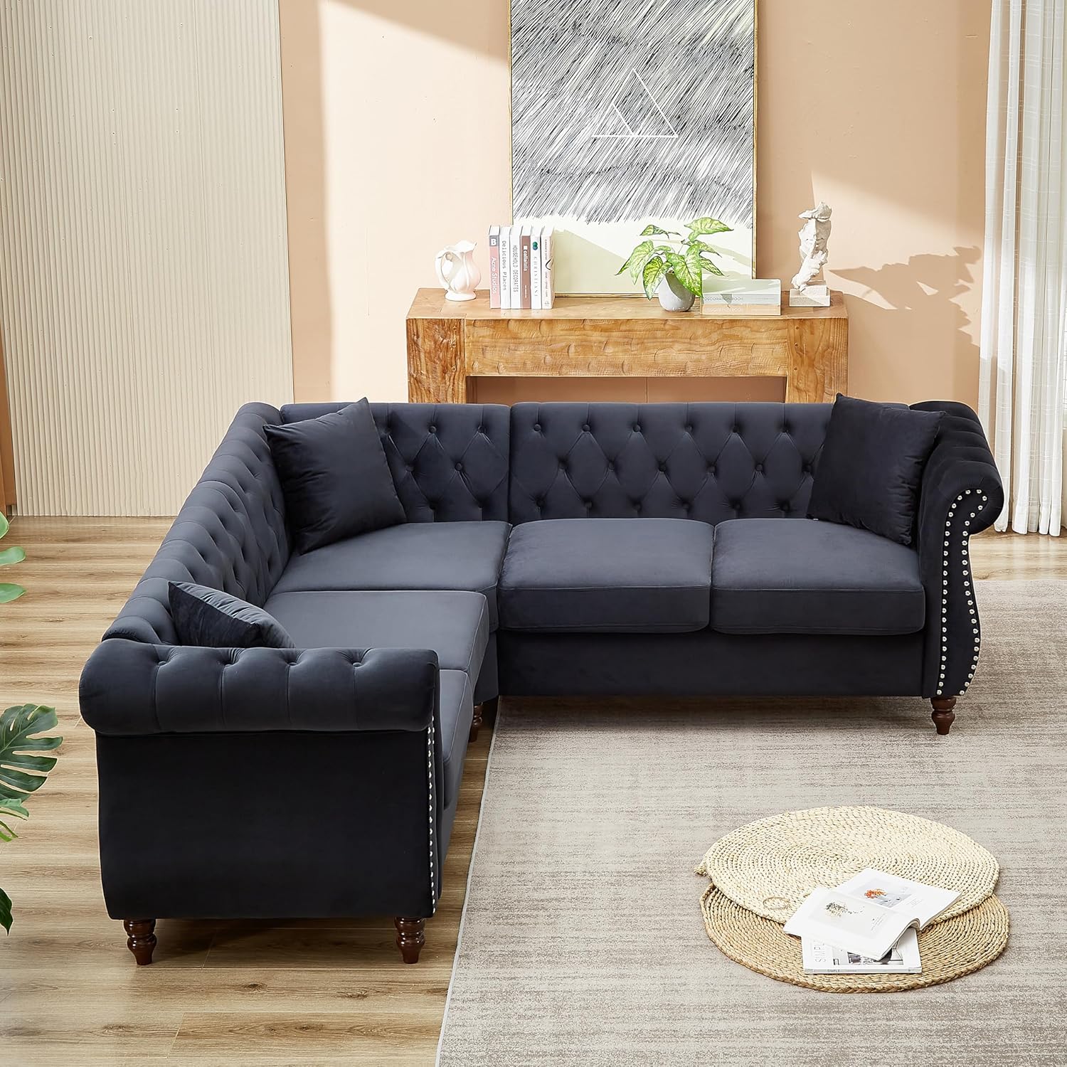 KEIKI 83.5" Chesterfield Corner Sofa, Upholstered L-Shaped Velvet Couch with Rolled Arm, 5 Seater Corner Sofas for Living Room Bedroom Office Apartment, Black