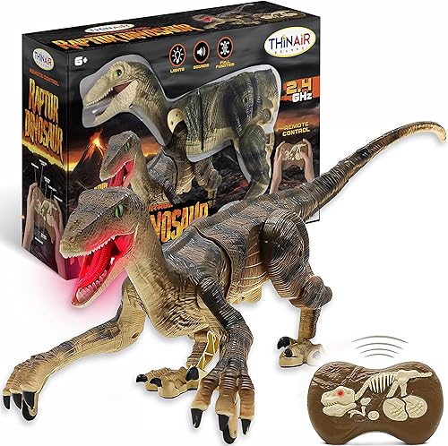 Juguete de dinosaurio RC: Velociraptor de 18 pulgadas se ilumina hacia arriba, ruge, camina hacia adelante, atrás, izquierda y derecha, tiene